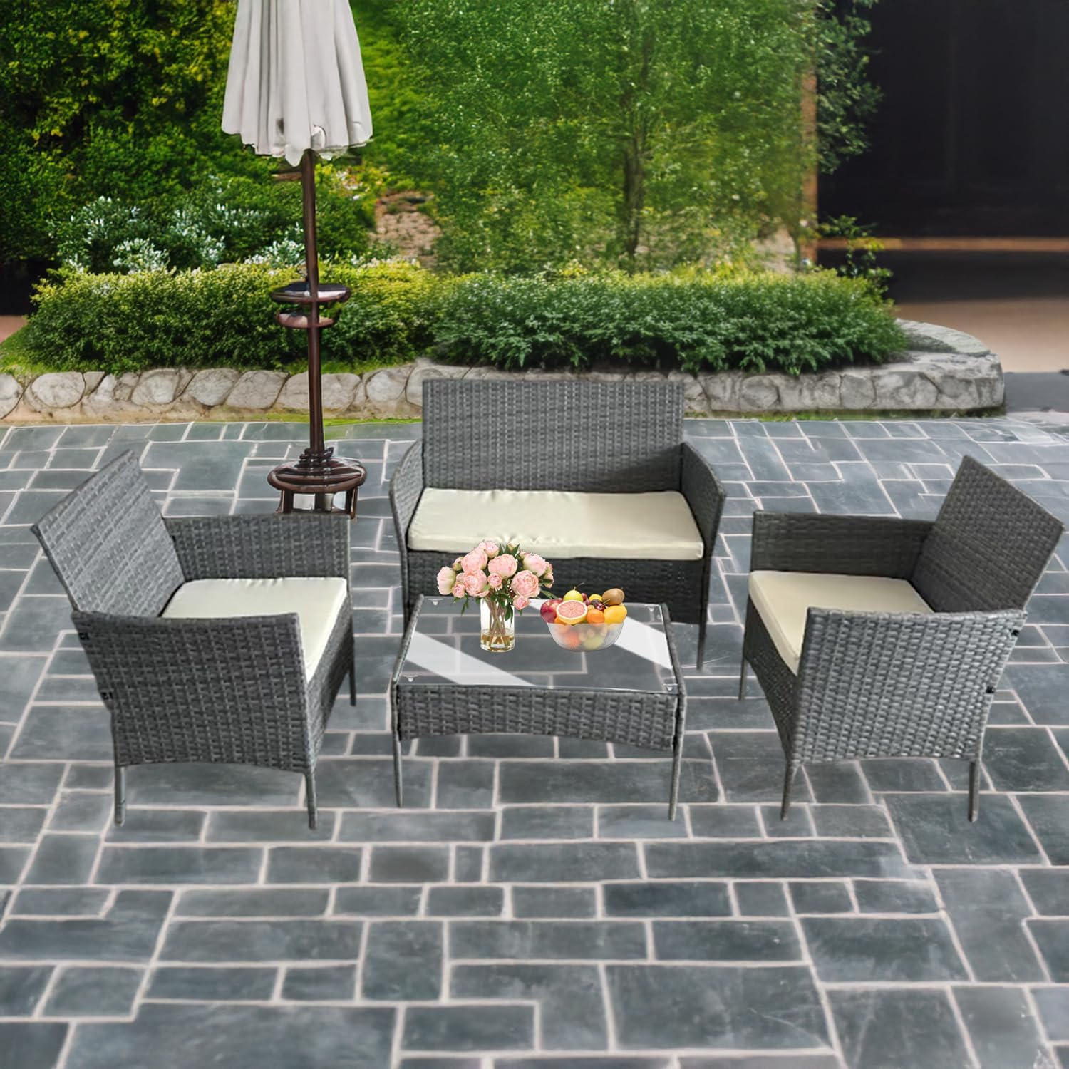 Rattan Garden Furniture Set 2 Chairs Loveseat Table Cushions