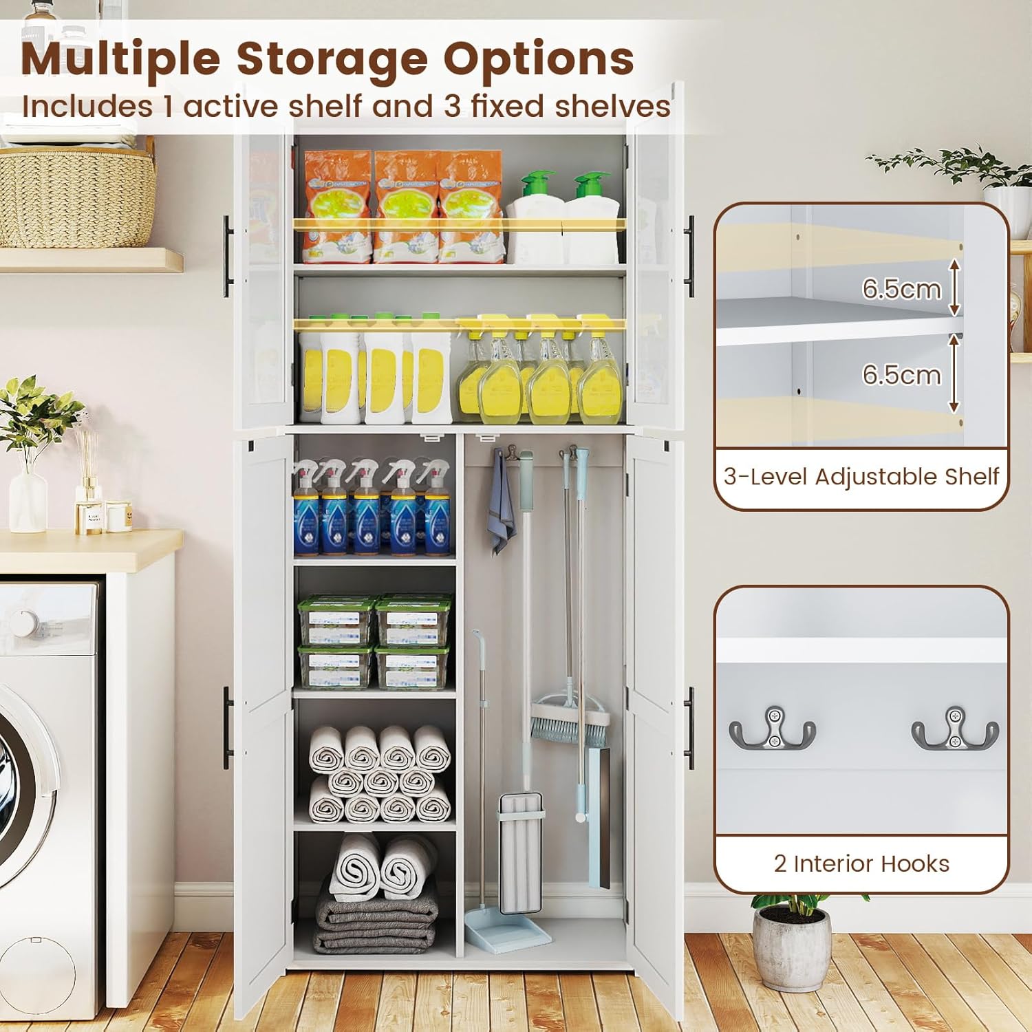 Tall Storage Cabinet White Adjustable Shelves Hook Unit