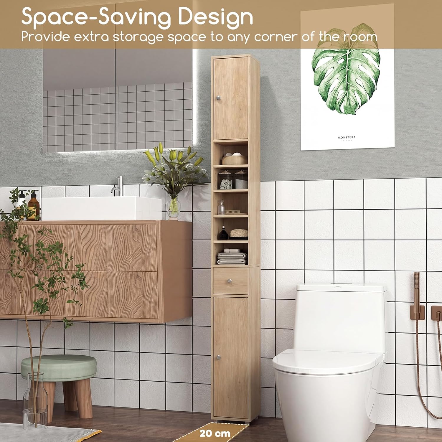 Slim Bathroom Tall Storage Cabinet Drawer Shelf Cupboard Natural