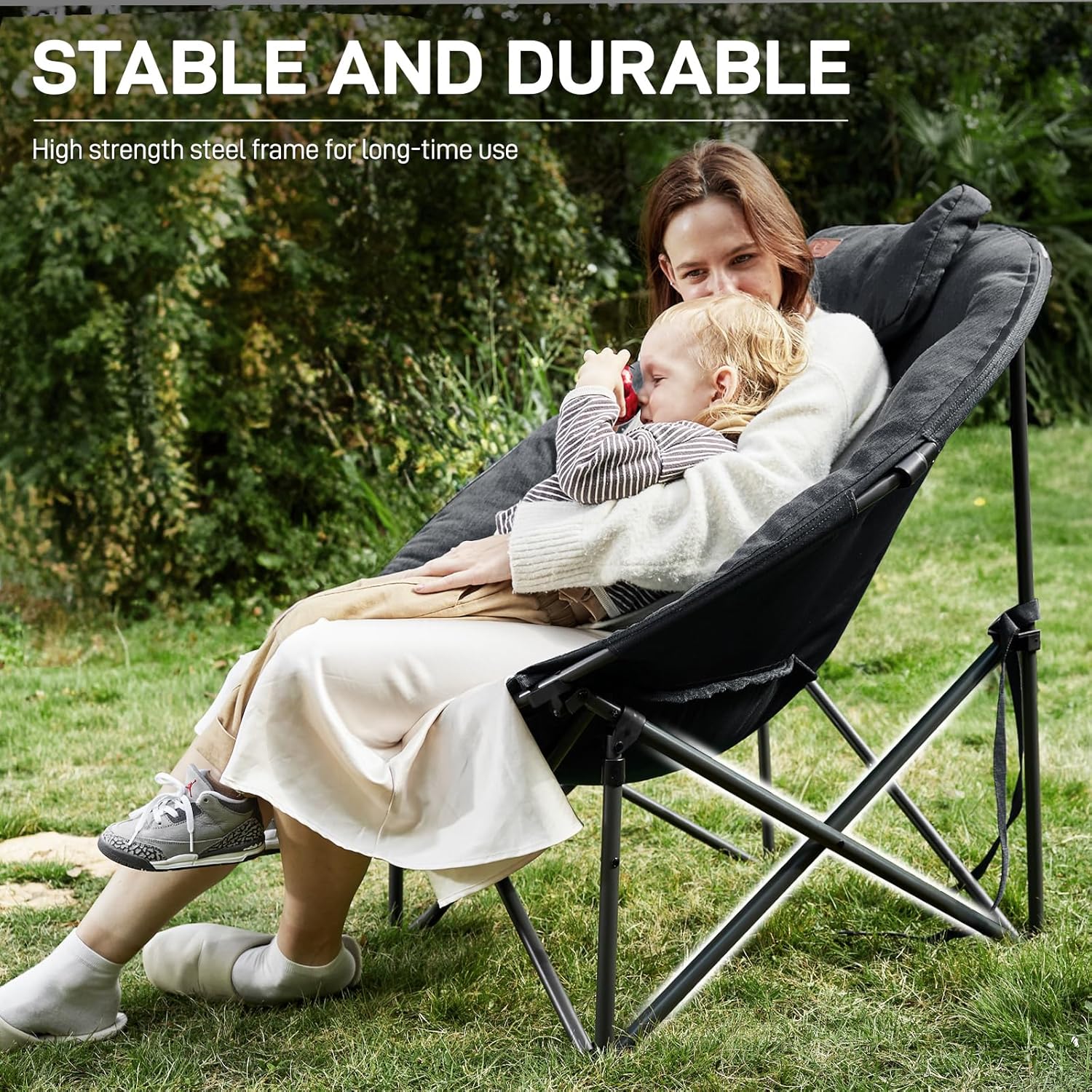 XL Moon Chair with 6CM Padding Wide Foldable Seat Black