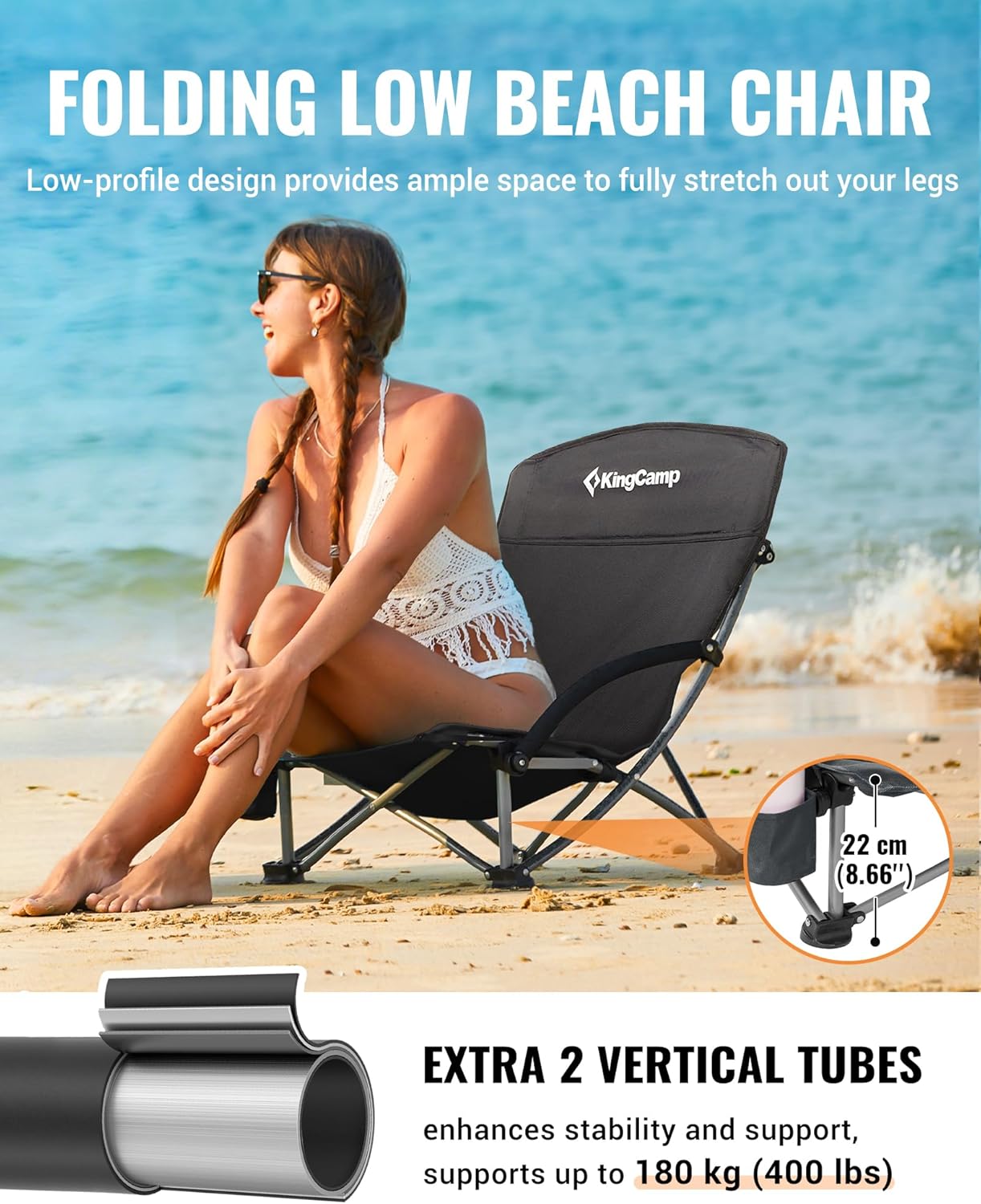Black Low Folding Beach Chair Heavy Duty Portable Seat