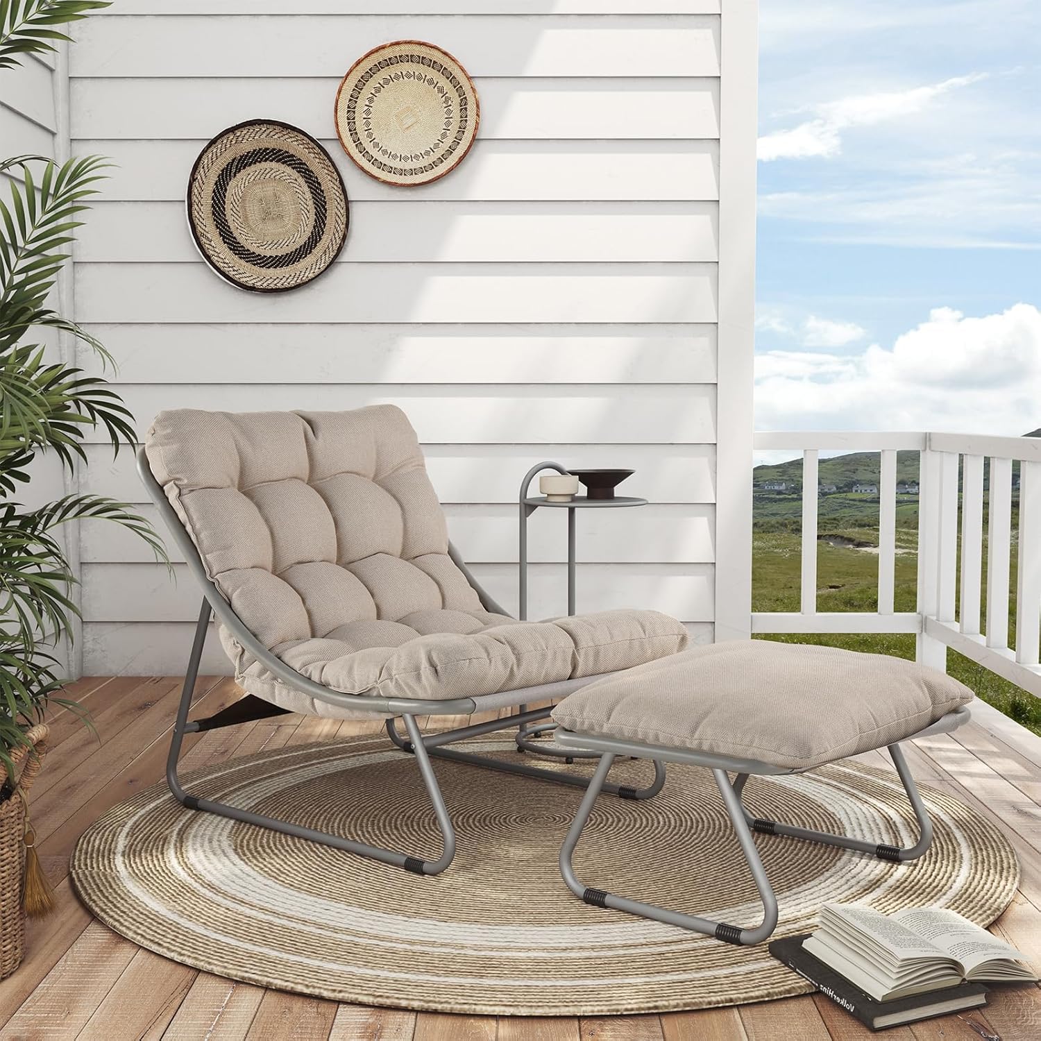 Reclining Garden Sun Lounger Chair Set with Footstool Table