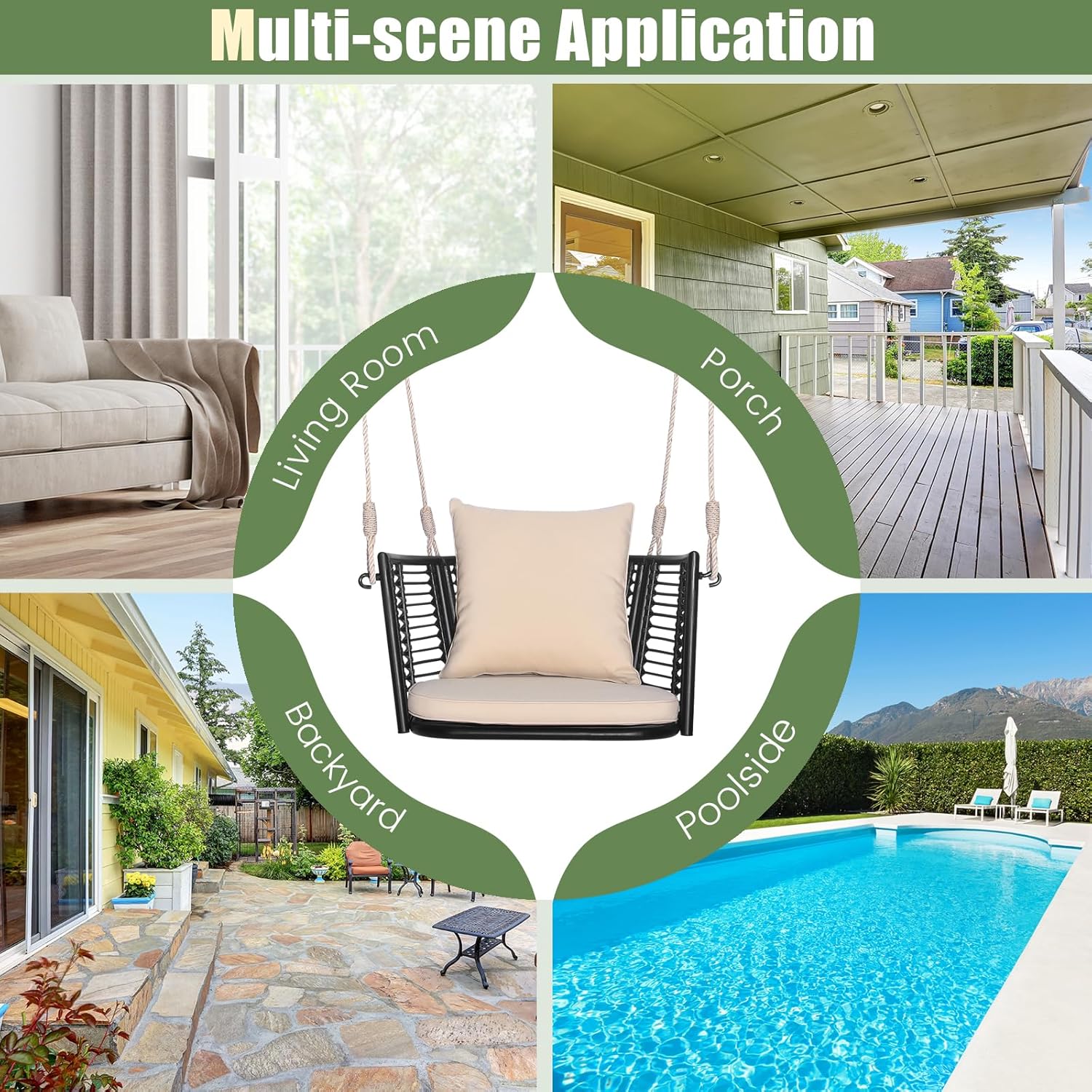 Single Rattan Porch Swing Chair Cushions Hanging Seat