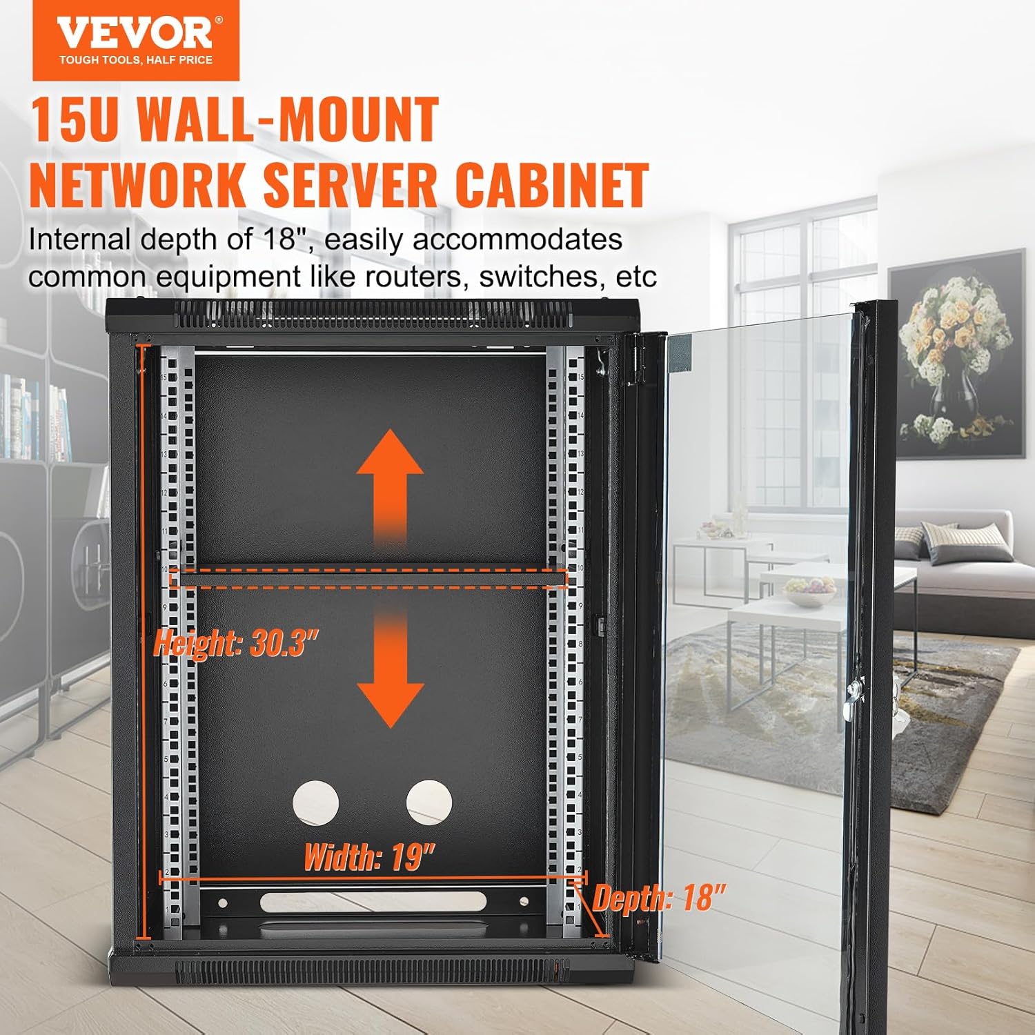 15U Wall Mount Server Cabinet Glass Door on Wheels 18 Inch