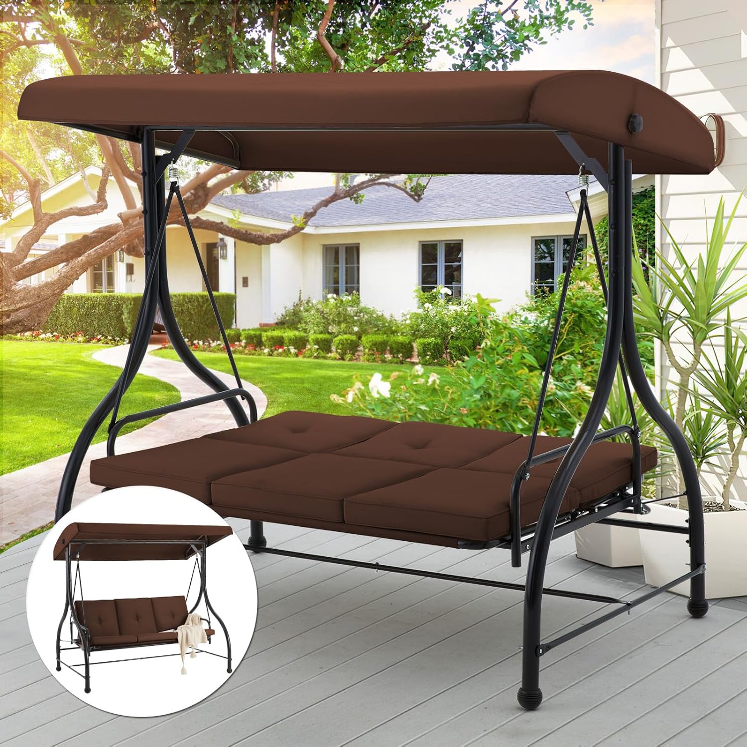 3 Seater Garden Swing Bed Brown Canopy Cushions Steel