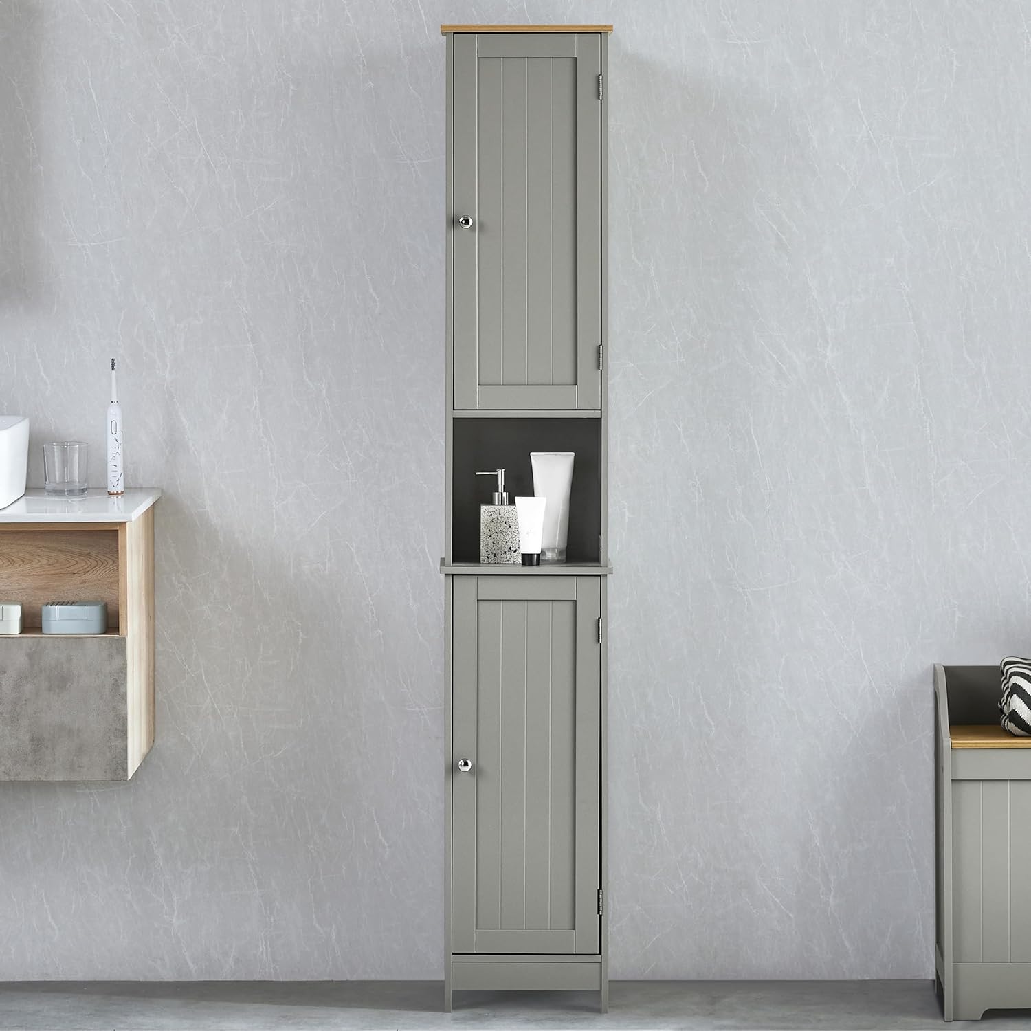 Tall Bathroom Storage Cabinet Grey Oak 2 Door Unit
