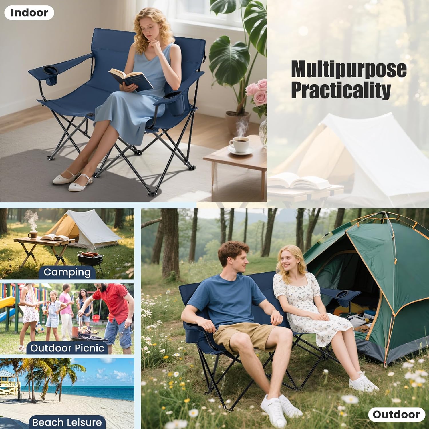 Double Camping Loveseat Chair 300KG Foldable Blue