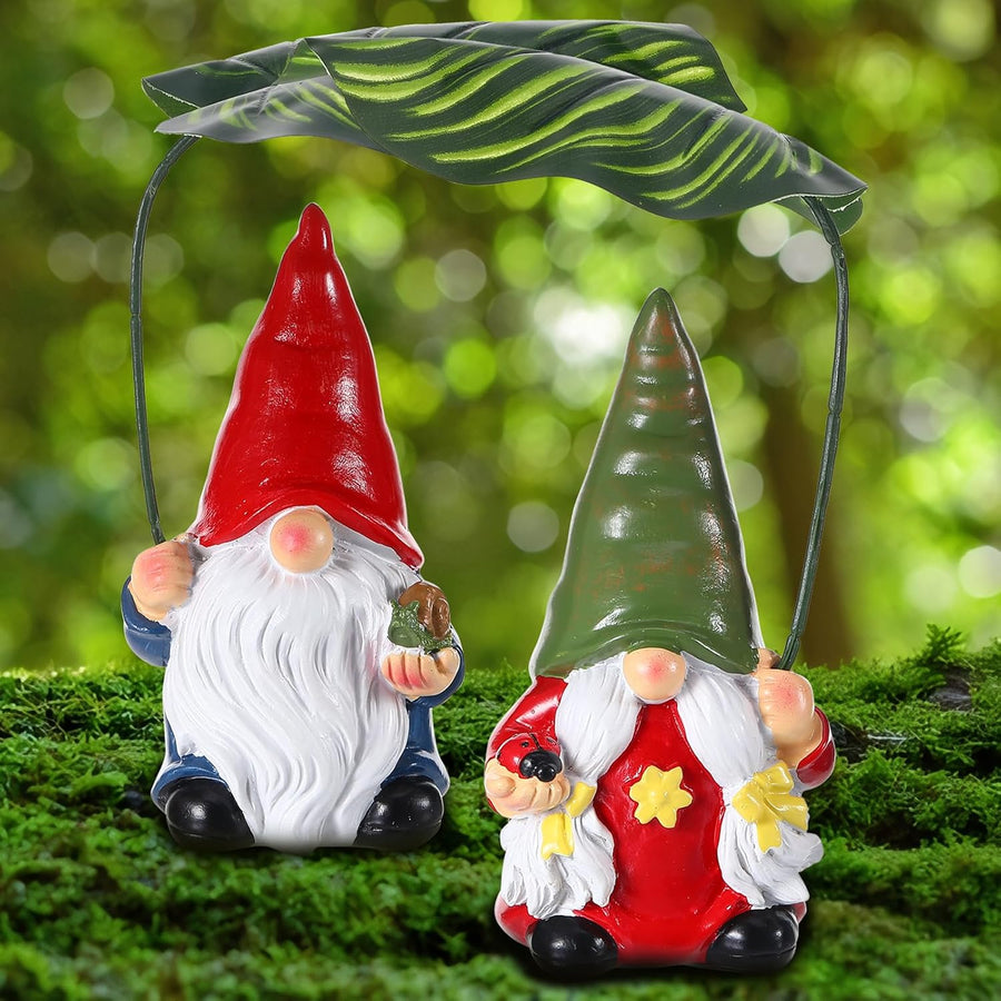 2Pcs Garden Gnomes Leaf Umbrella Resin Outdoor Decor Set