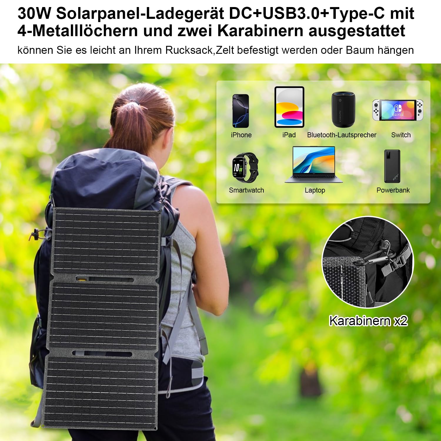 30W Portable Solar Panel Foldable USB C DC Charger Camping