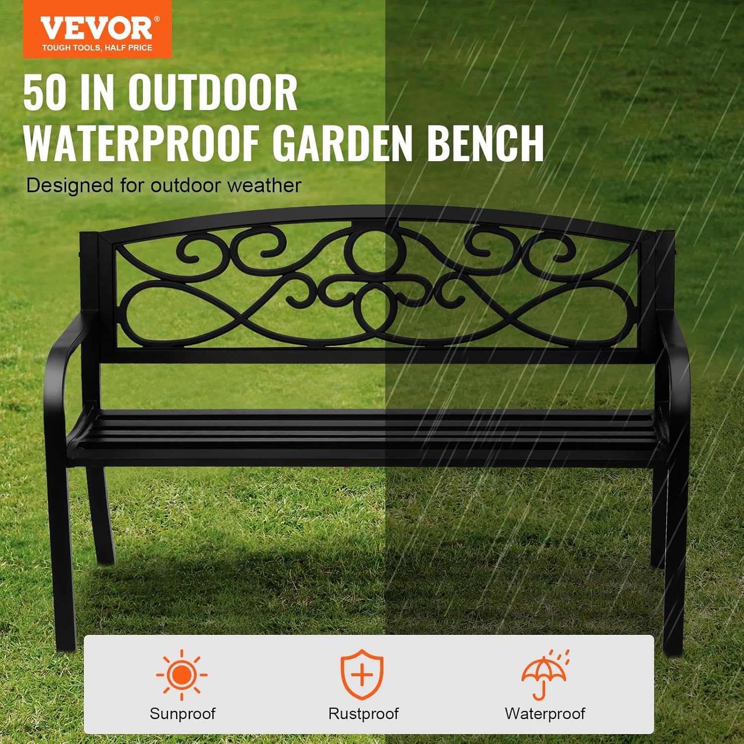Metal Garden Bench 50in Outdoor Patio Seat with Backrest Armrests