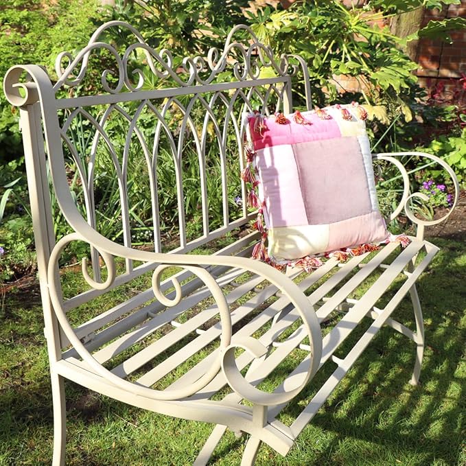 Vintage Metal Garden Bench Antique Cream Patio Seat