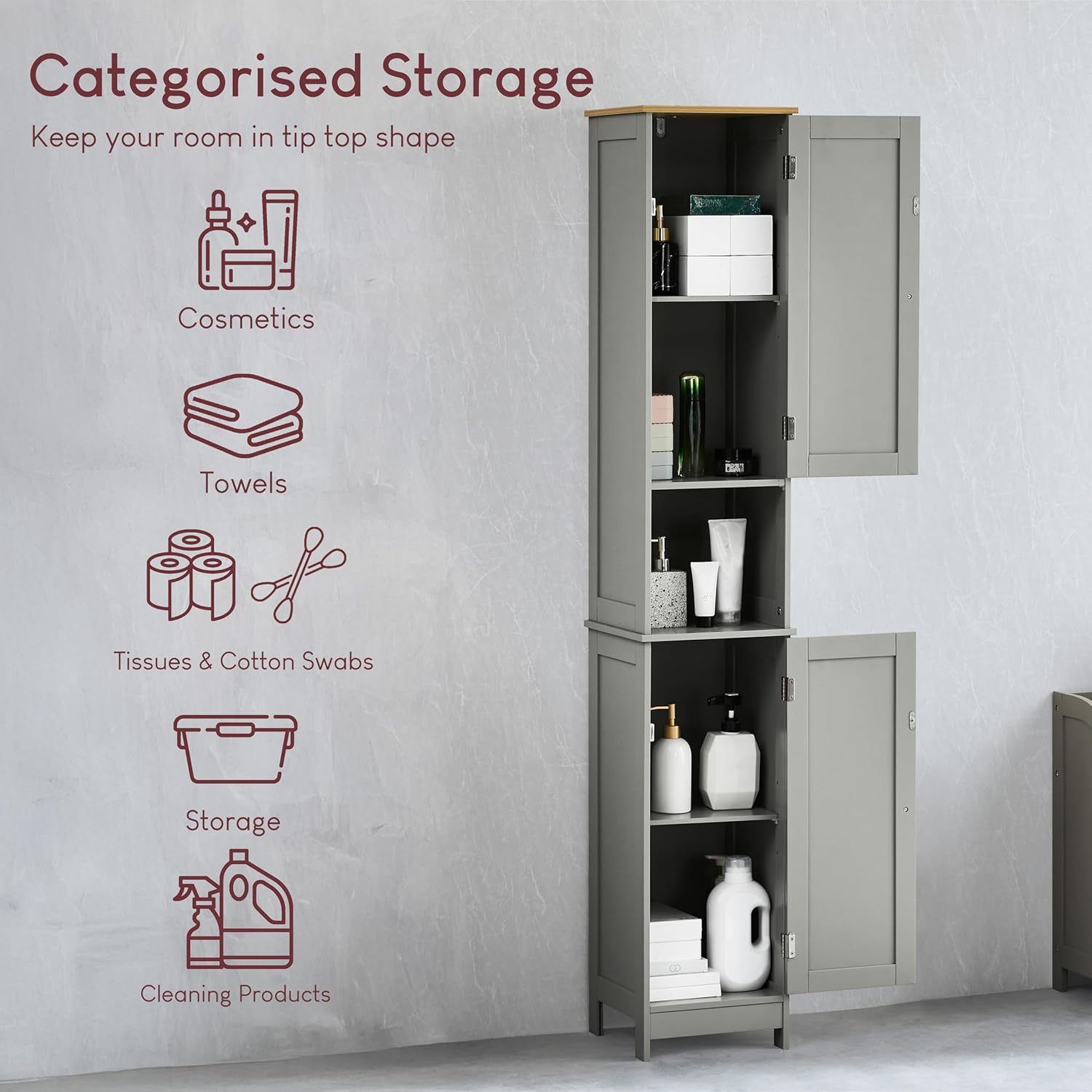 Tall Bathroom Storage Cabinet Grey Oak 2 Door Unit