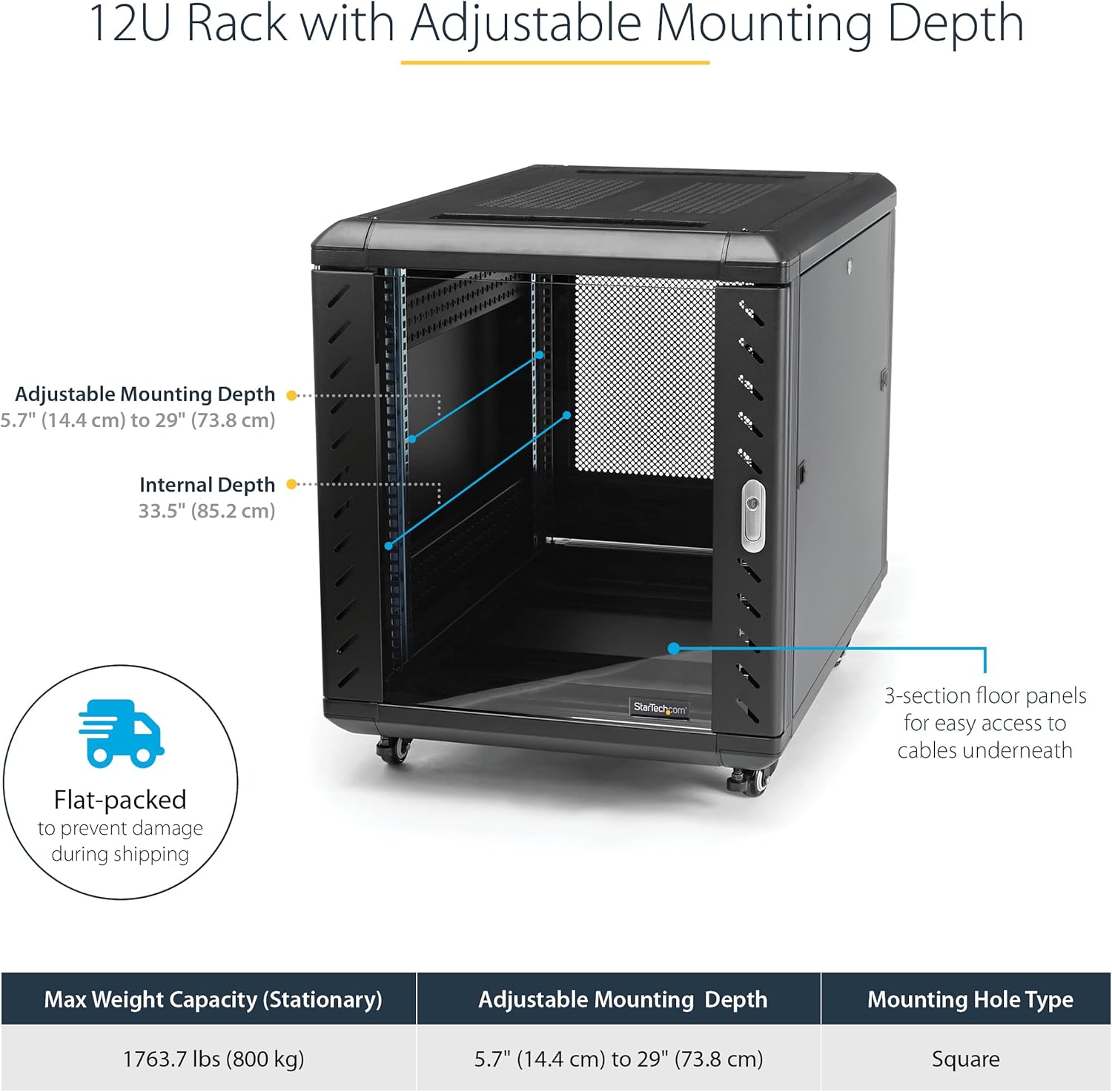 12U 19in Server Rack Cabinet 4 Post Adjustable Depth Mobile