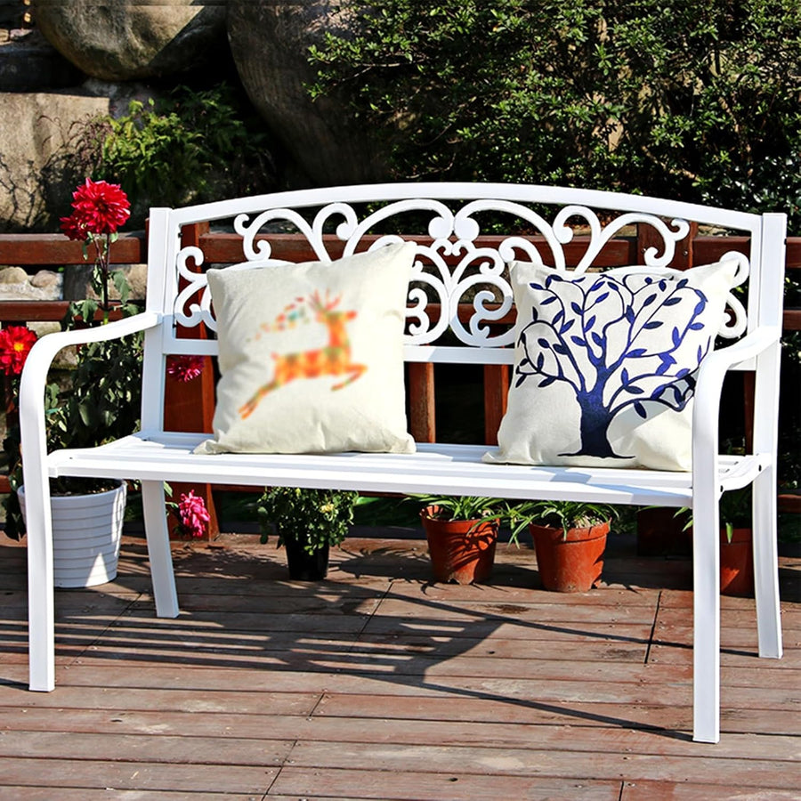 Metal Garden Bench Outdoor Patio Seat with Backrest Armrests White