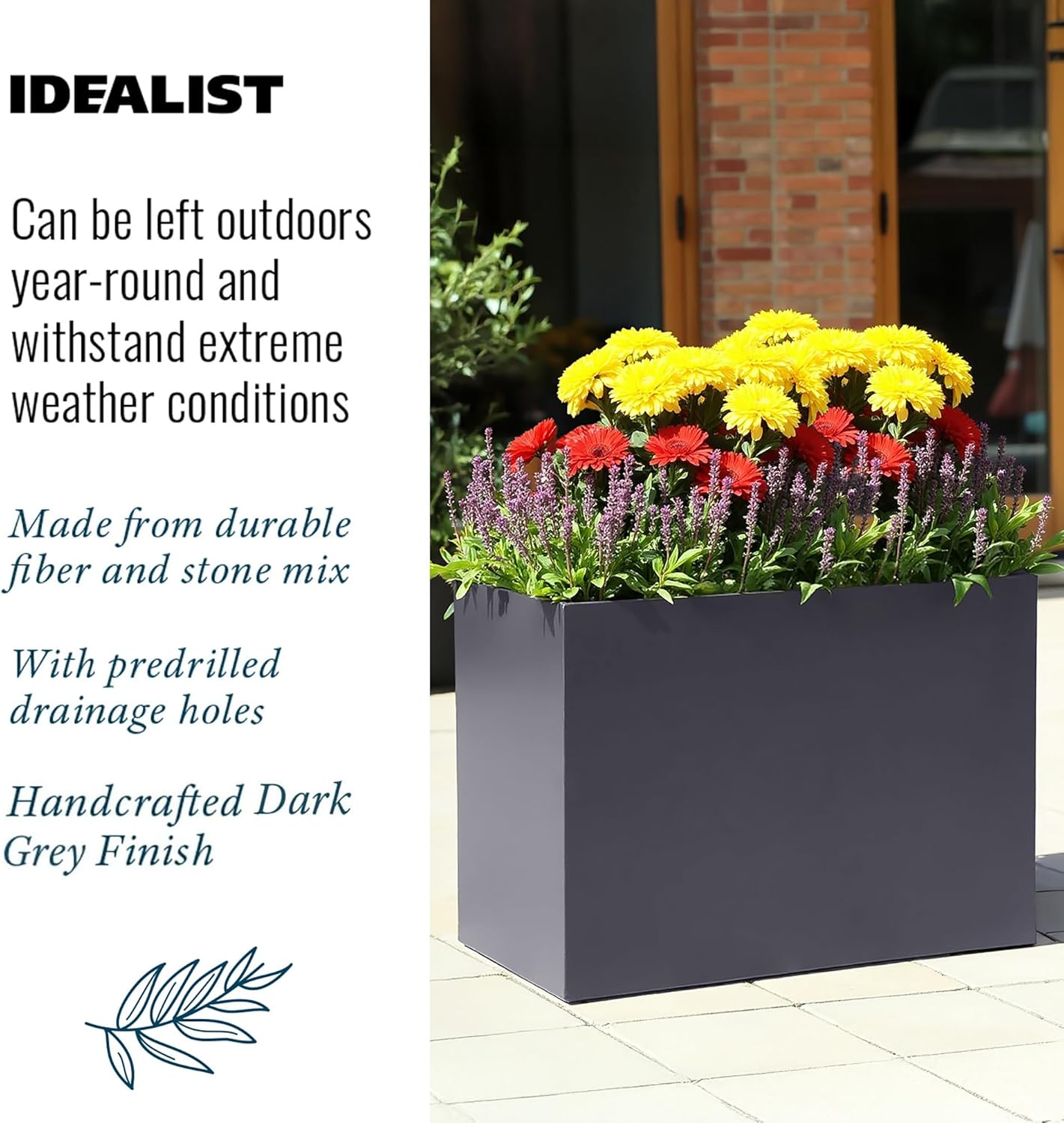 60cm Large Trough Planter Dark Grey Stone Effect Outdoor Pot
