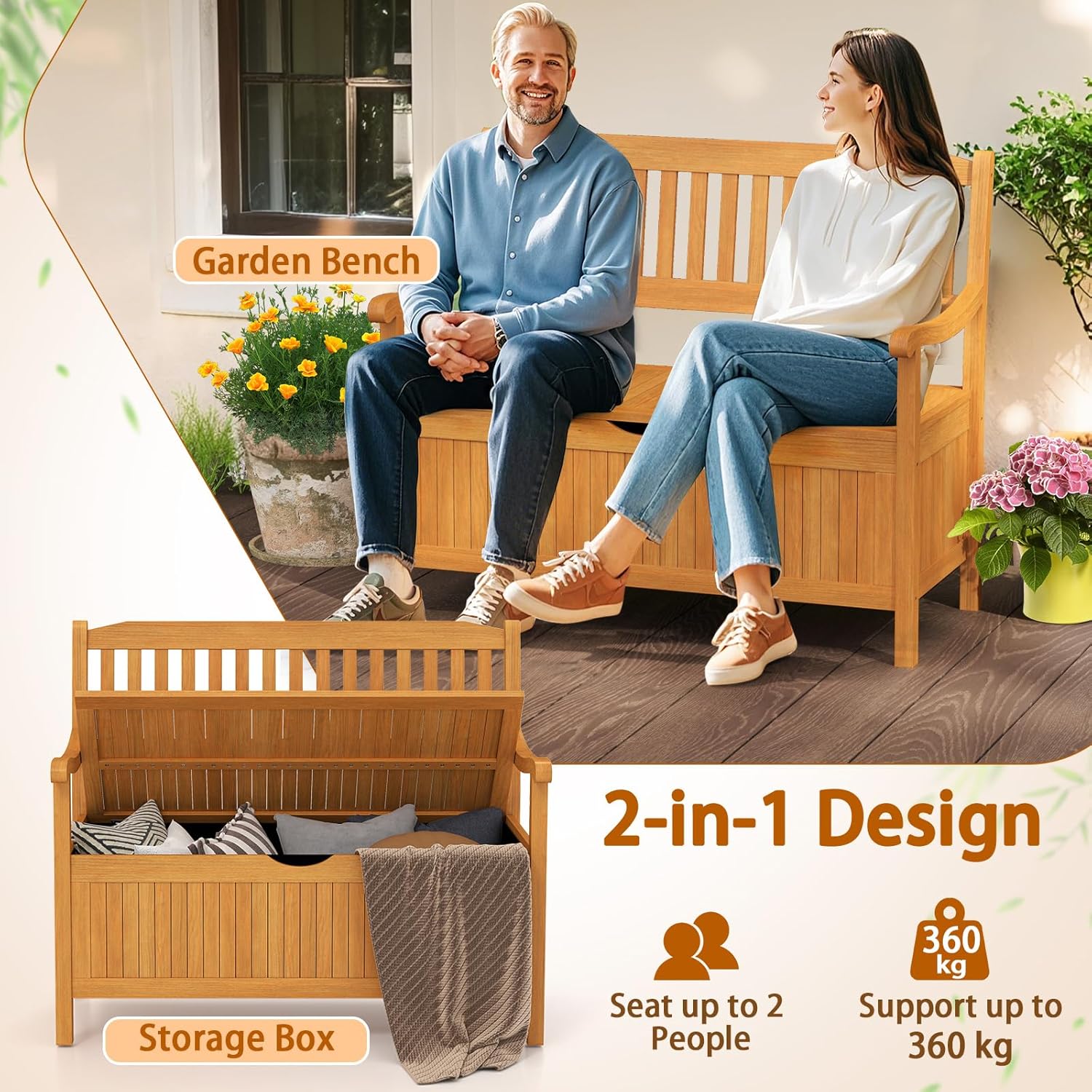 Acacia Wood Garden Storage Bench 2 Seater 125L Patio Seat
