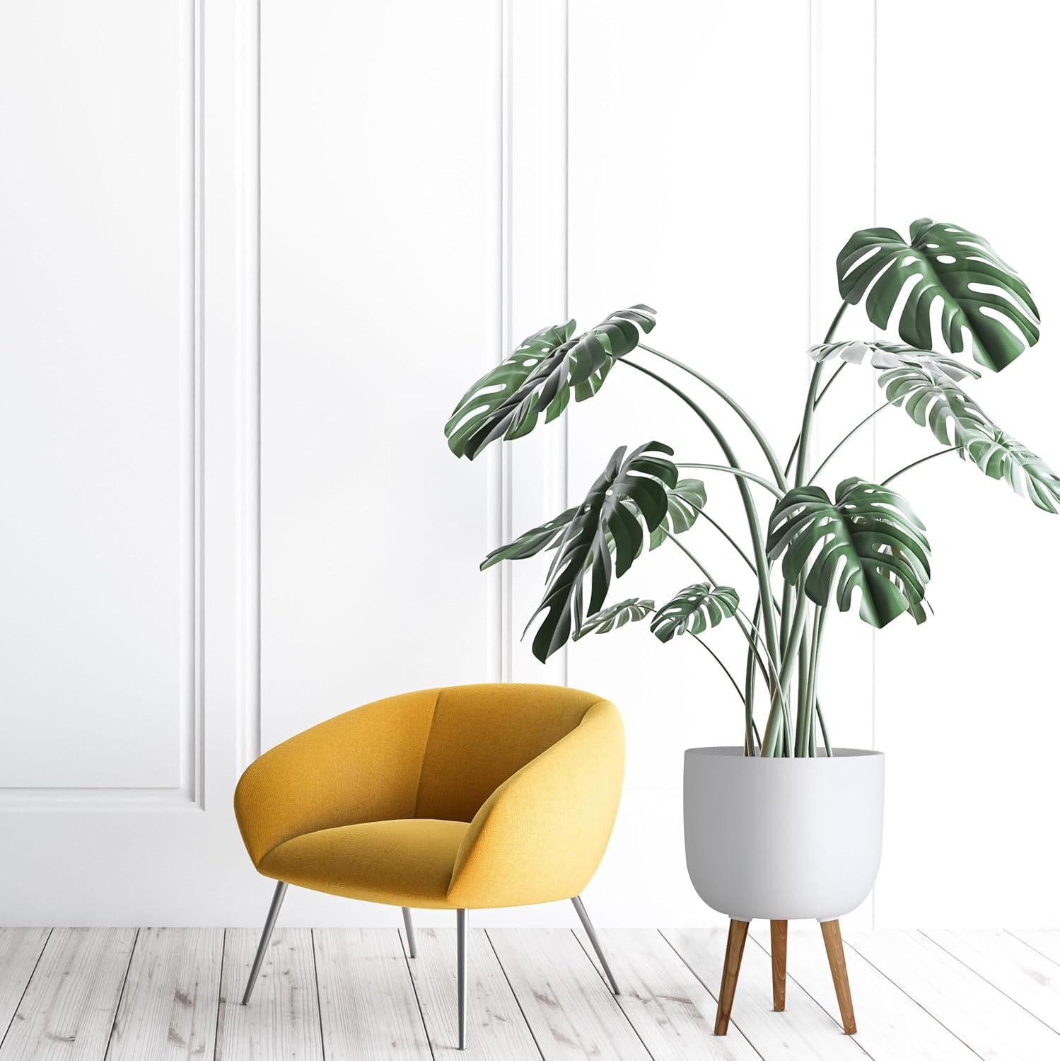 White Plant Pot with Stand 38cm Large Planter Hardwood Legs