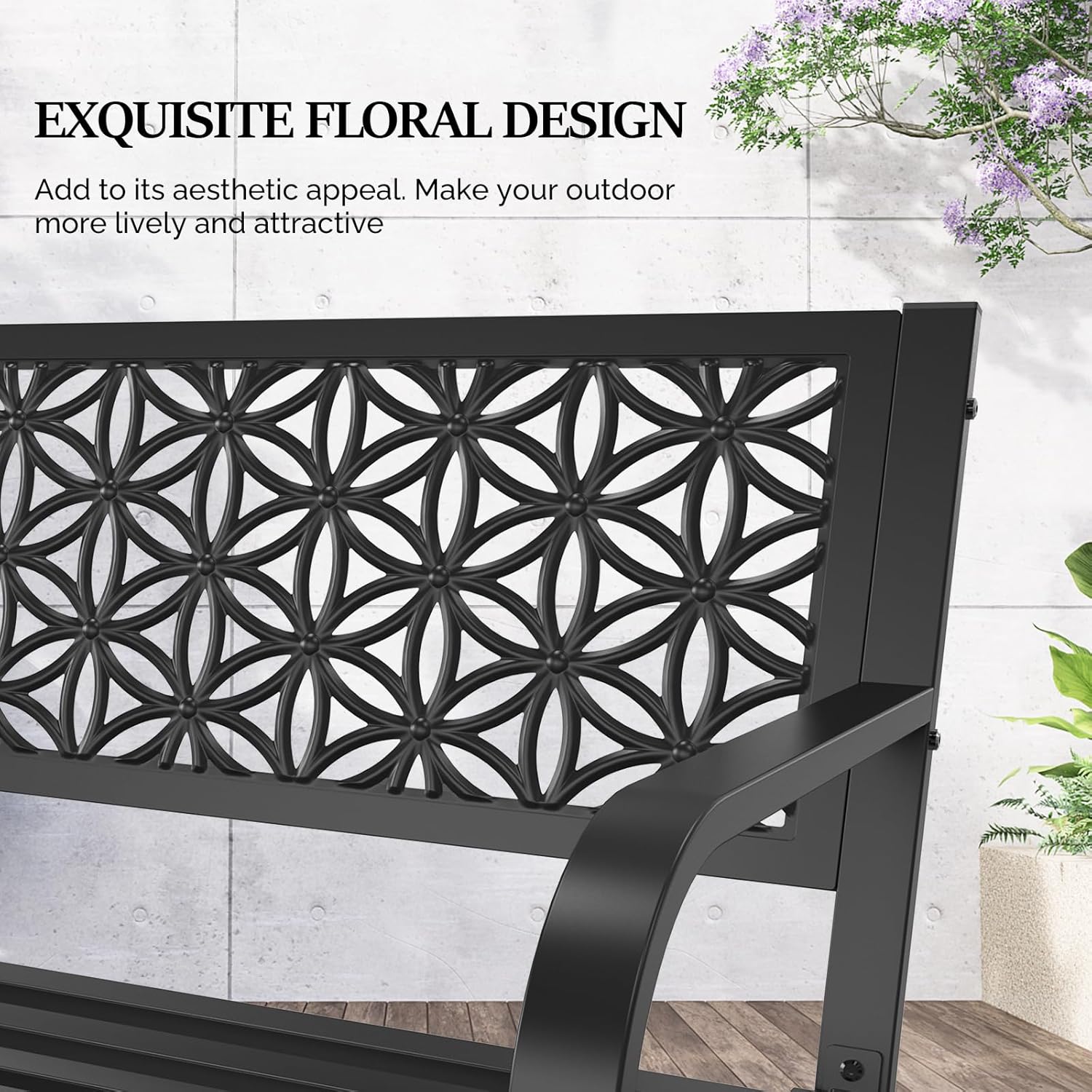 Metal Garden Bench 2-3 Seater Floral Back Outdoor Patio Seat Black