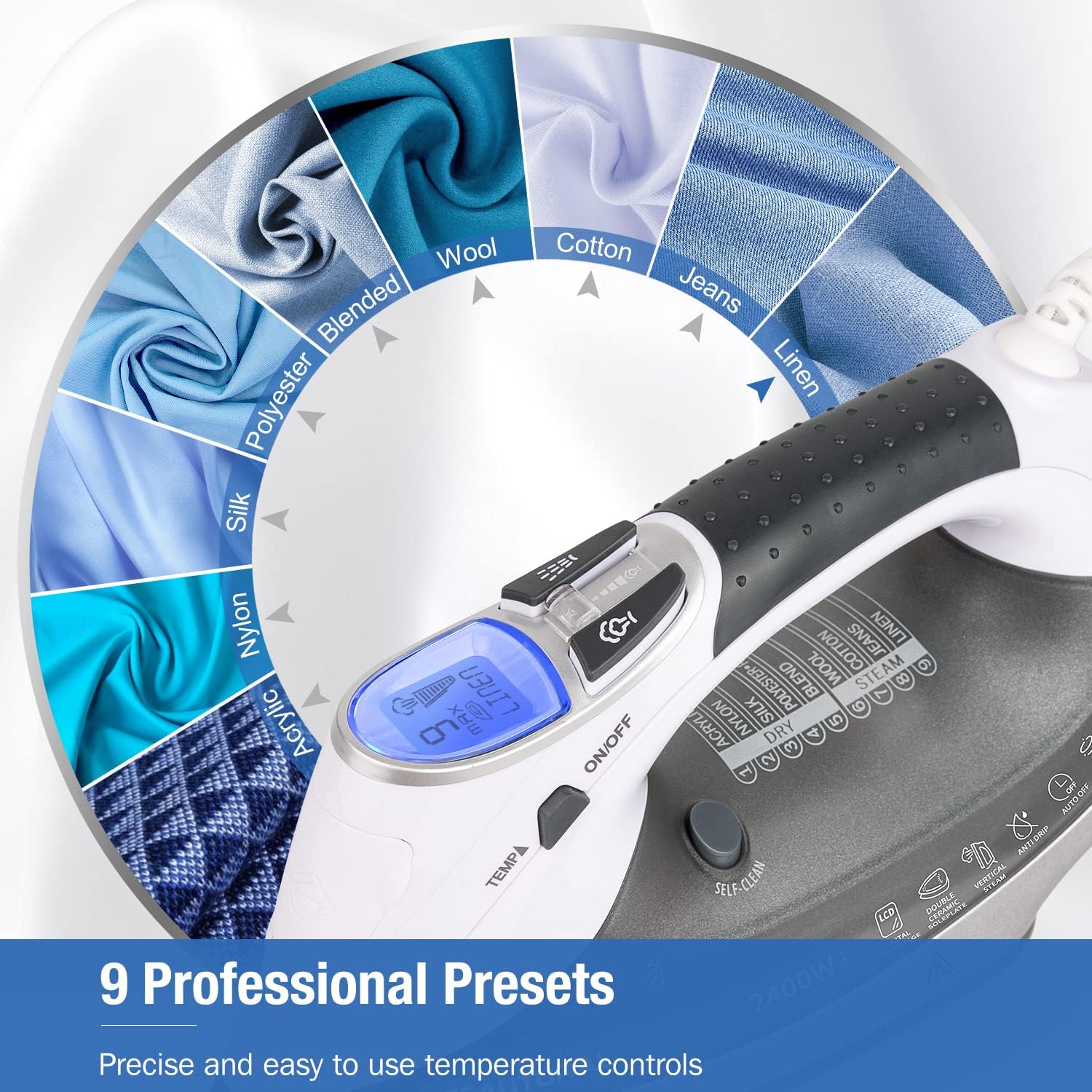 2400W Steam Iron LCD Display Ceramic Soleplate 340ml Tank