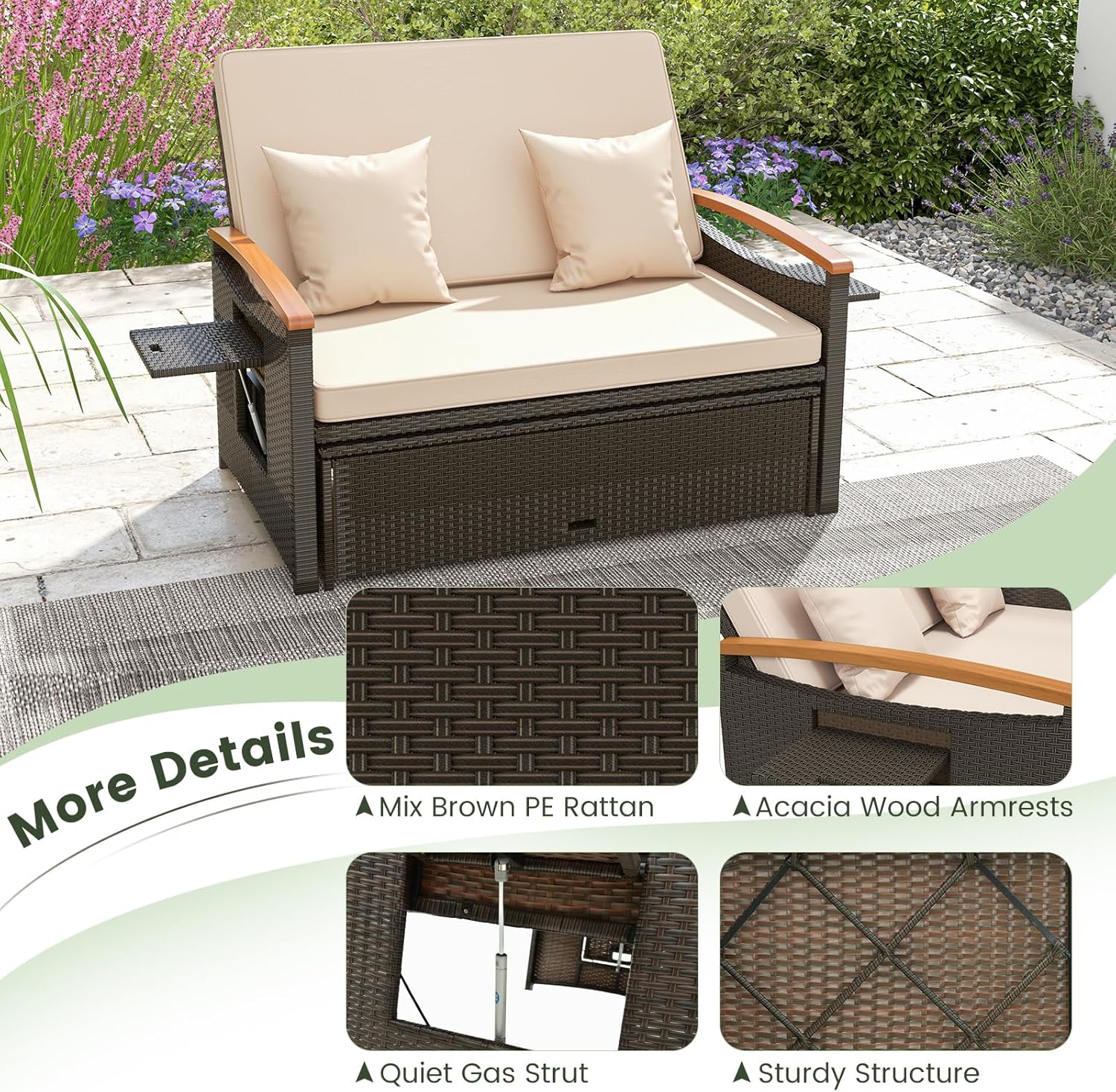 Outdoor Rattan Daybed Double Chaise Lounger Storage Ottoman Beige