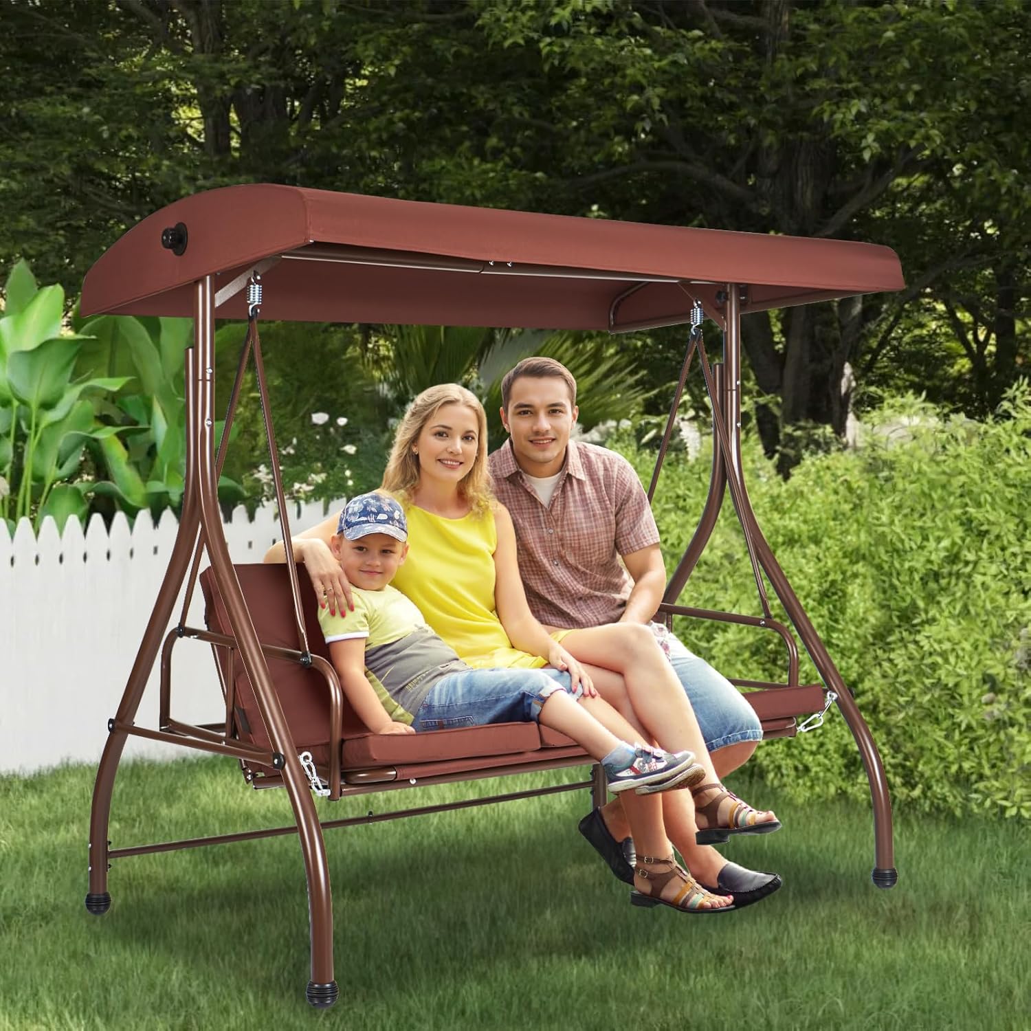 3 Seater Patio Swing Bed Brown Canopy Cushions Steel