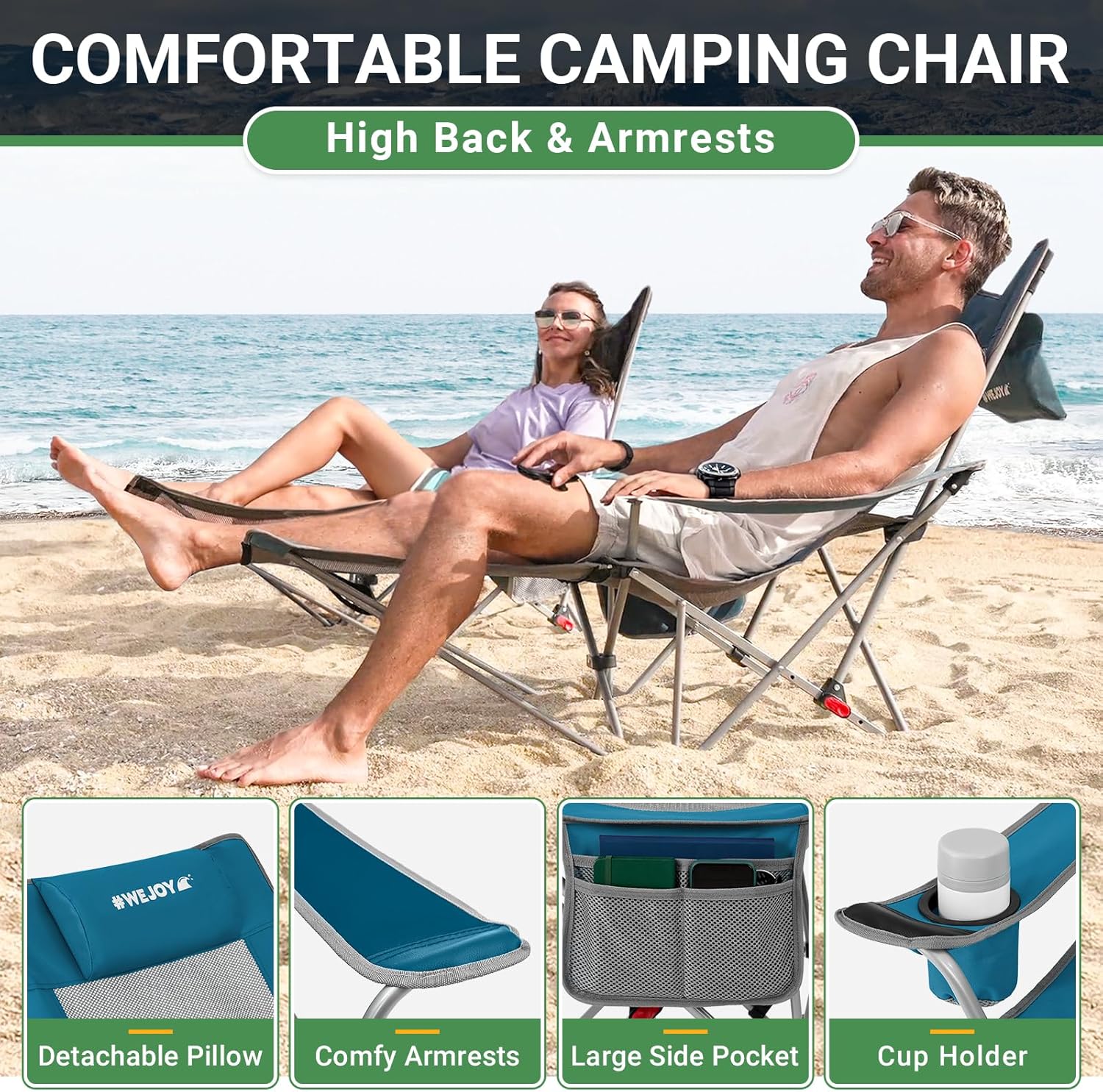 Set of 2 Reclining Camping Chairs Cyan