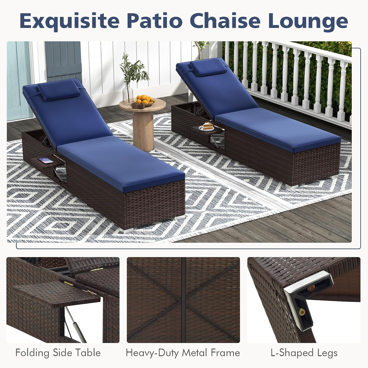 Rattan Sun Lounger Adjustable Garden Chaise with Cushion Table Navy