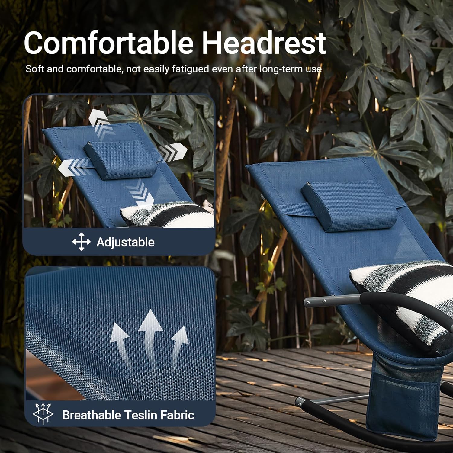 Outdoor Rocking Recliner Chair with Pillow Pocket Blue