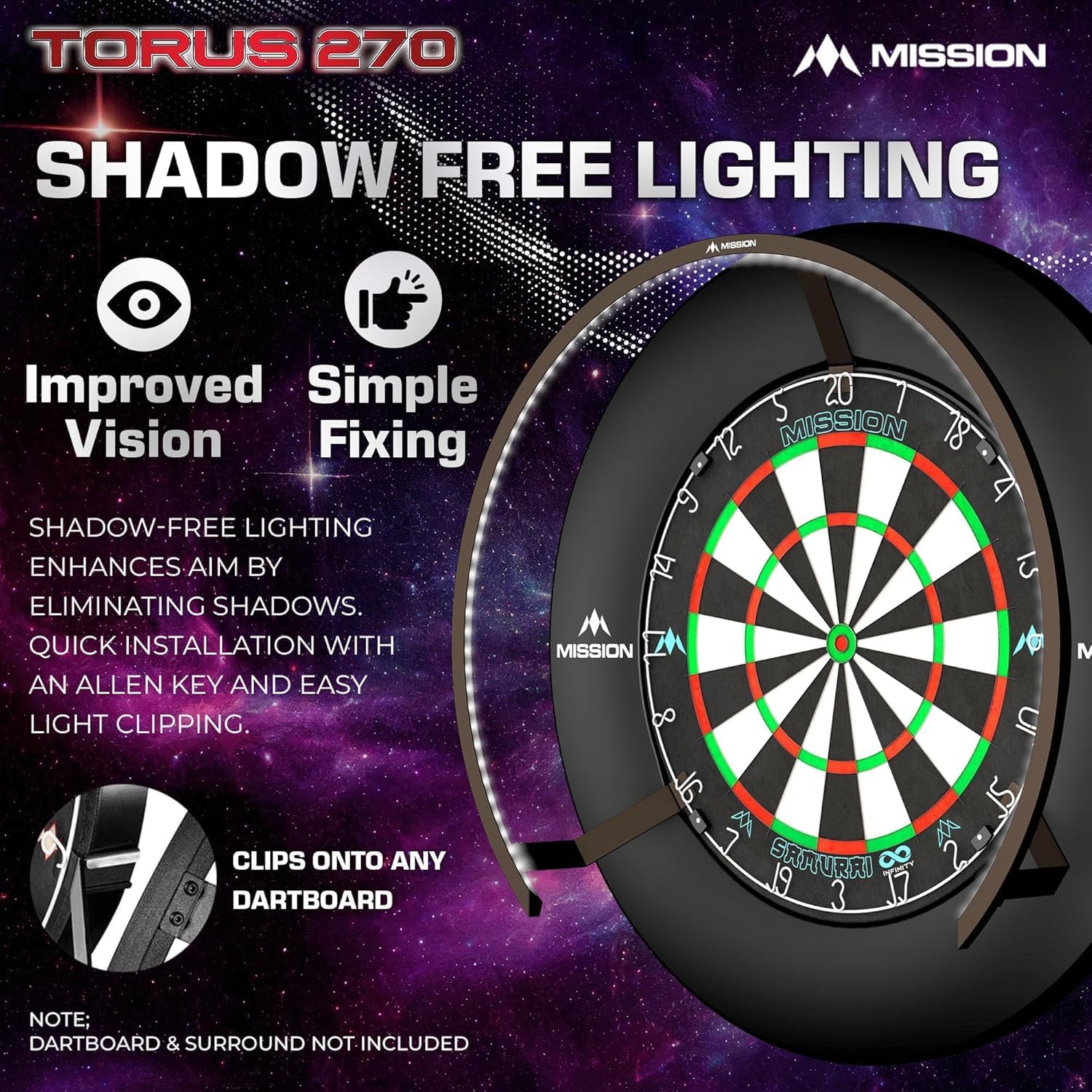 Dartboard LED Light 270 Ring Shadow Free Clip On Alloy Frame