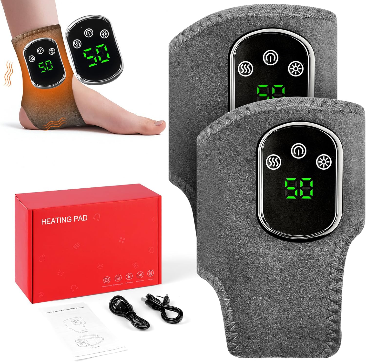 Heated Ankle Foot Massager 2PCS Cordless Wrap Vibration Brace