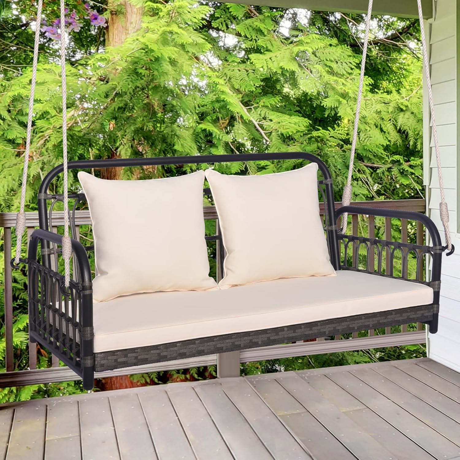 2 Seater Rattan Hanging Swing Bench Cushion Pillows Grey