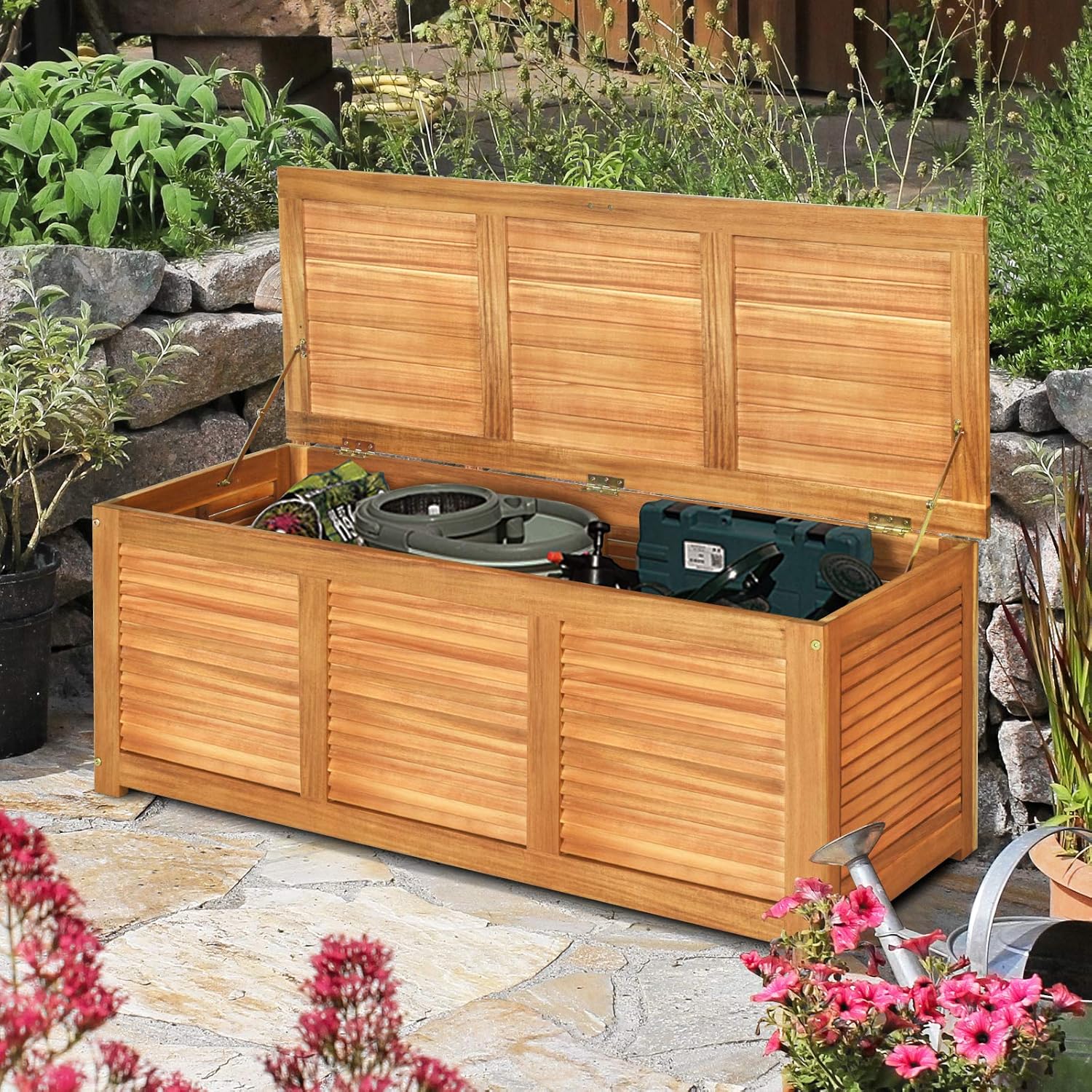 Wooden Garden Storage Bench Box Acacia Deck Chest Cushion Tool Storage