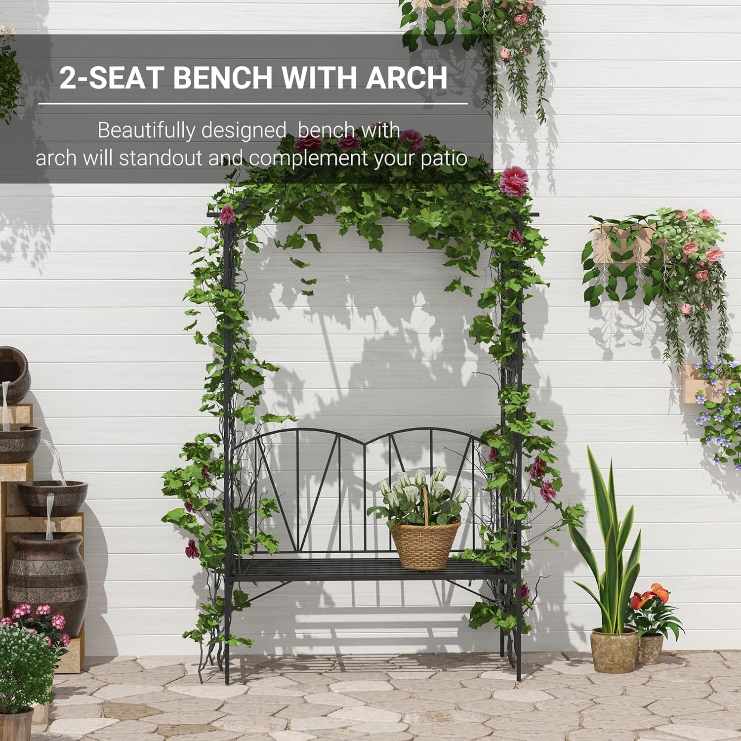 Garden Arbor Bench 2 Seater Metal Patio Seat with Climbing Arch
