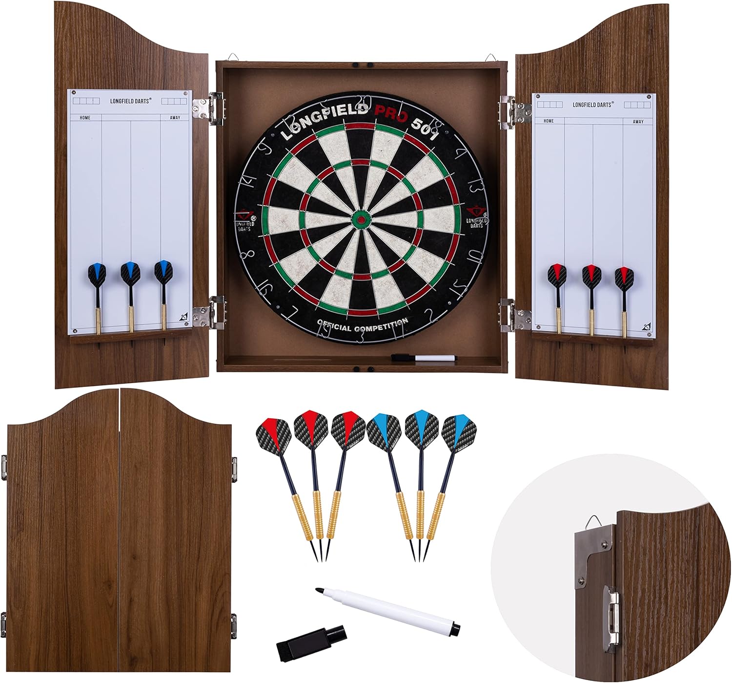 Dartboard Cabinet Set Sisal Board Wooden Case 6 Steel Tip Darts