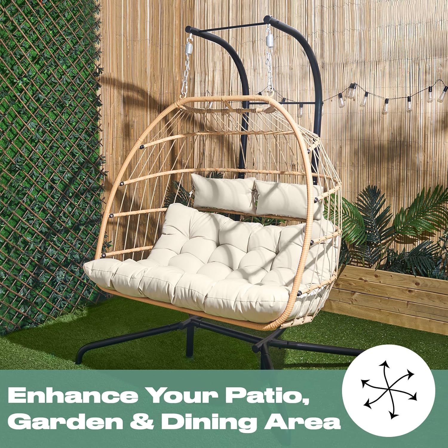 Double Egg Chair Natural Rattan Swing with Stand Cushion