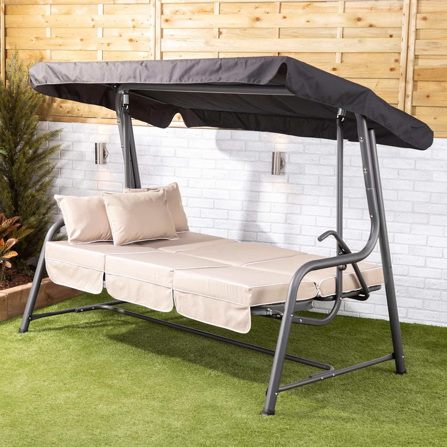 3 Seater Reclining Garden Swing Bed Taupe Canopy Cushions