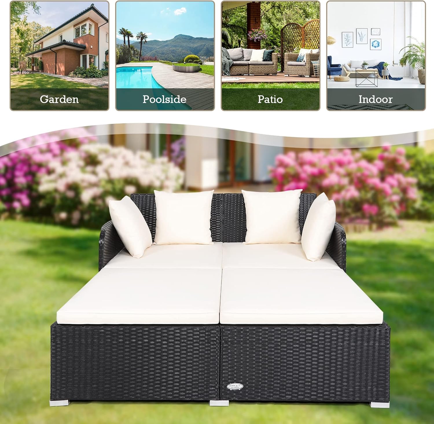 Outdoor Rattan Daybed Patio Sofa Sun Lounger White