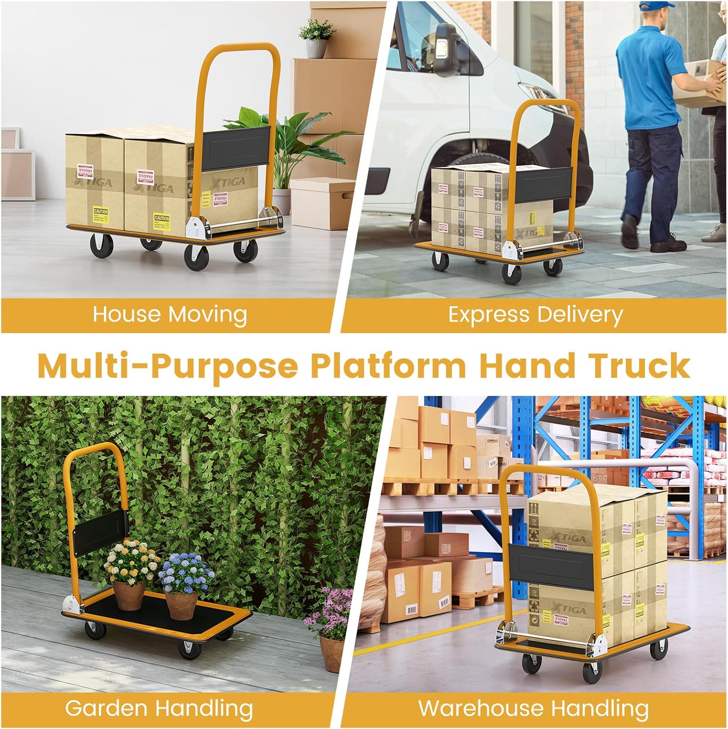 Folding Push Cart Dolly 150KG Flatbed Trolley Black Yellow