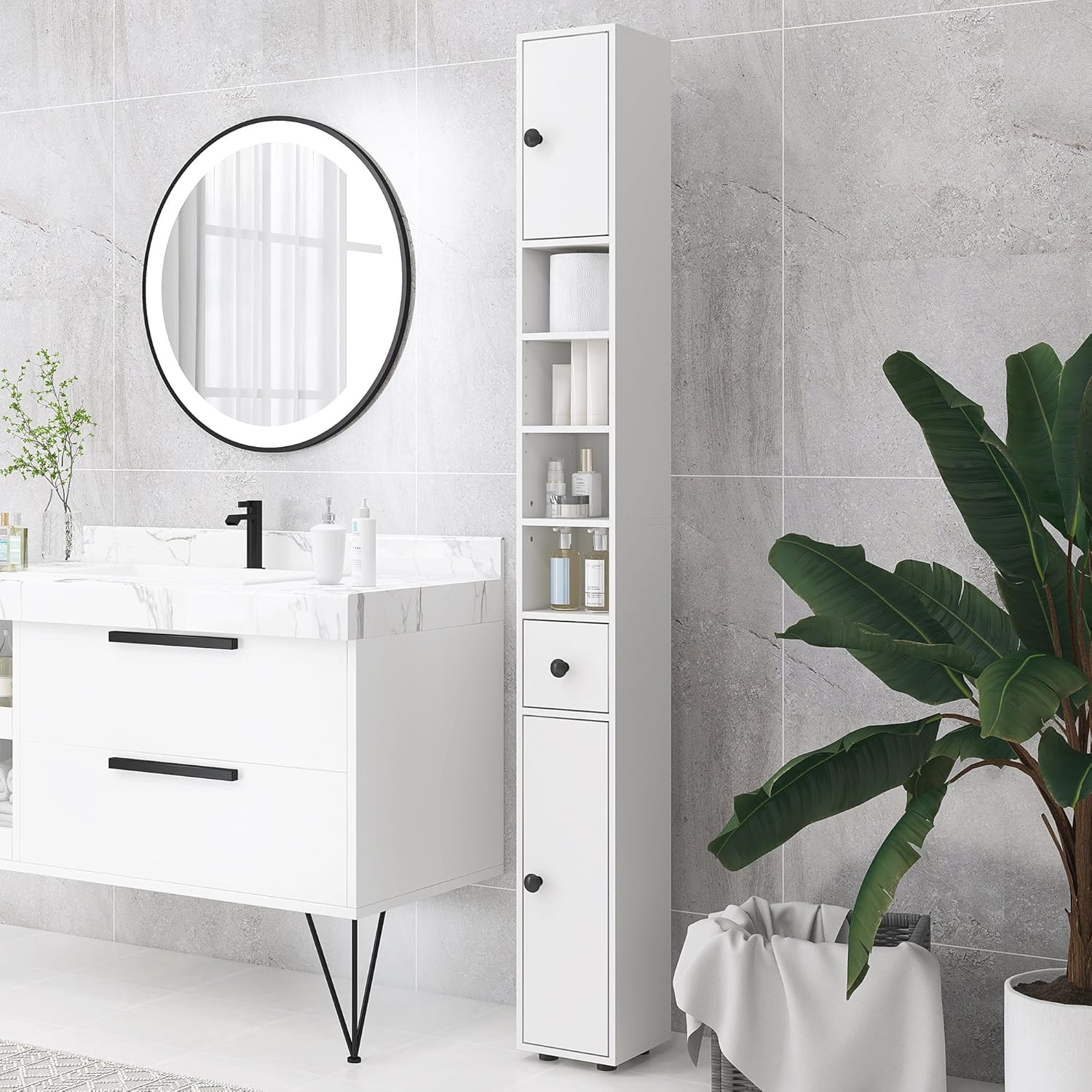 180cm Slim Bathroom Storage Cabinet 4 Shelves 2 Doors White