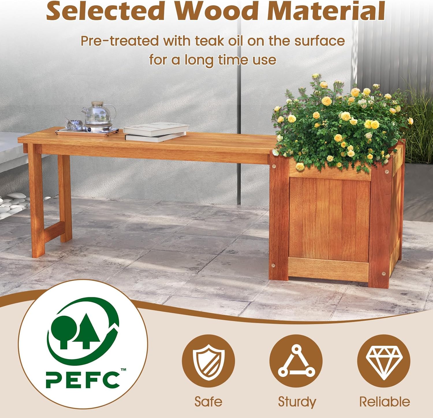 Wooden Planter with Bench 137cm Garden Seat Raised Bed Box