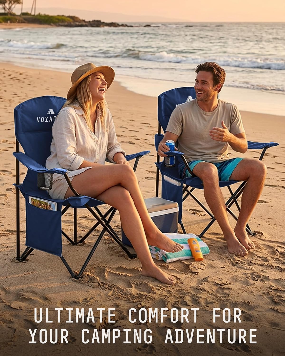 Folding Camping Chair 2 Pack Pocket Cup Holder Navy