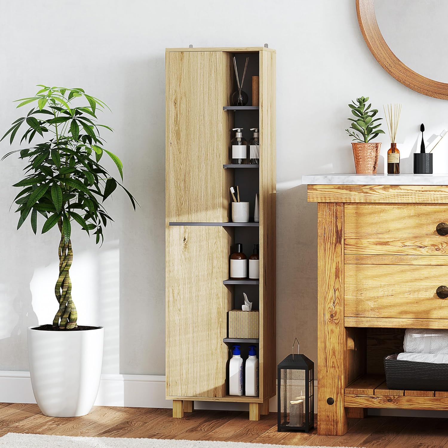 Tall Bathroom Storage Cabinet Natural Wood 6 Shelves Unit