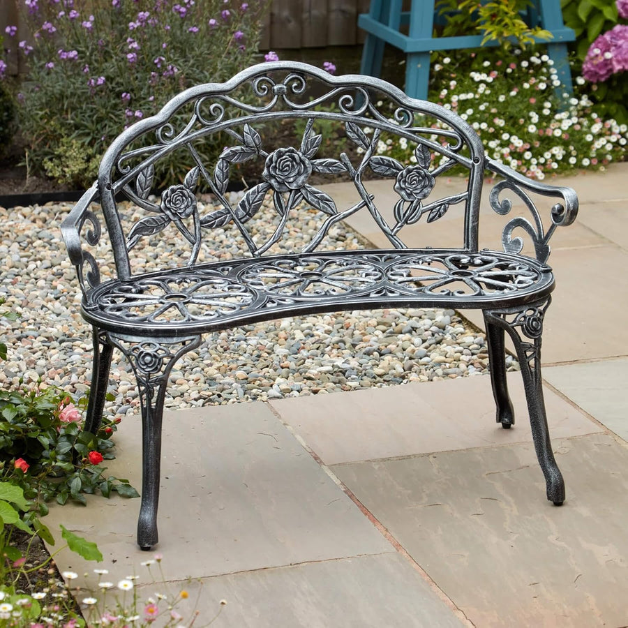 2 Seater Cast Iron Garden Bench Rose Design Patio Seat Grey