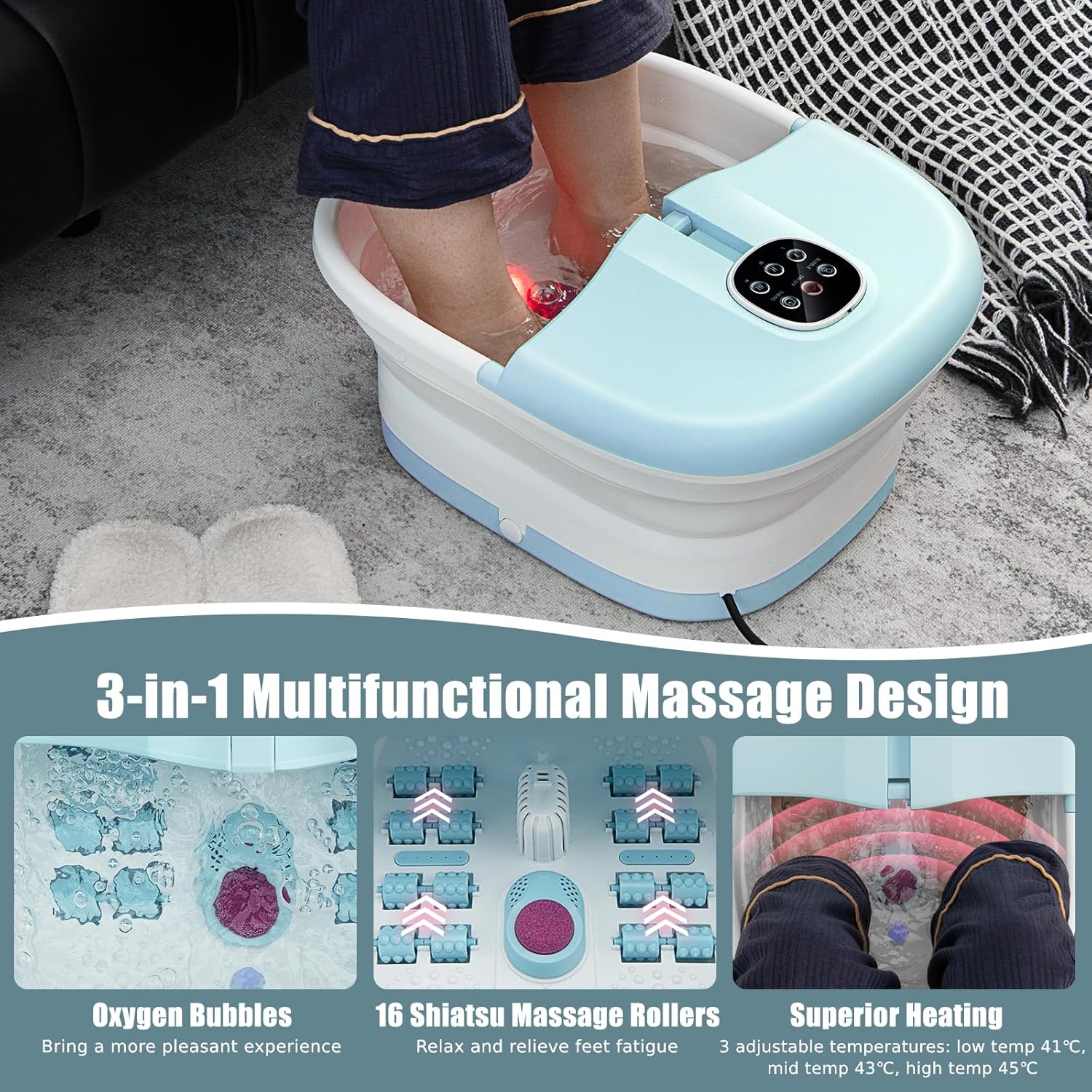 Electric Foot Spa Massager Foldable Heated Bubble Roller Remote