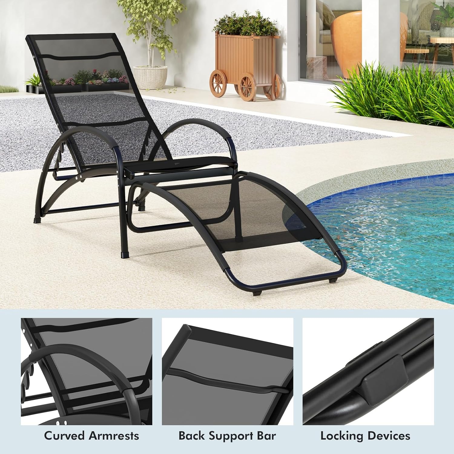 2 in 1 Garden Sun Lounger Rocking Chair Adjustable Black