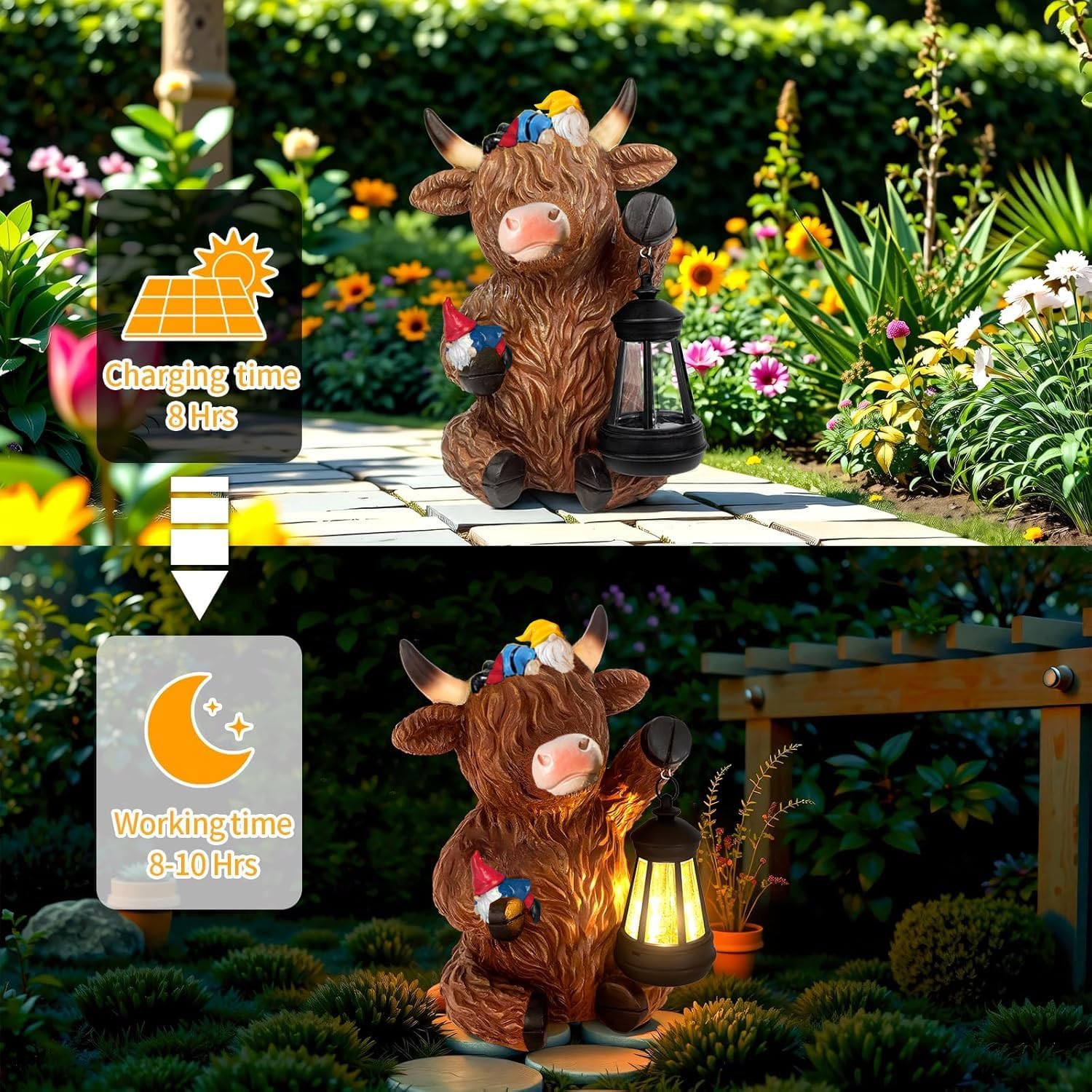 Solar Highland Cow Gnome Statue Lantern Outdoor Garden Decor