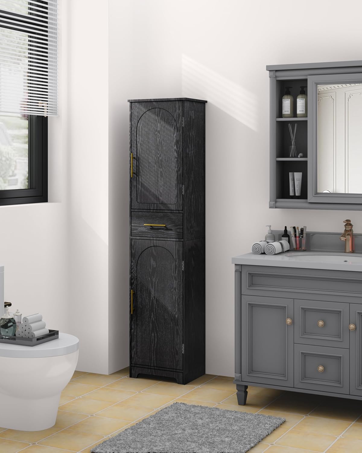 Tall Slim Storage Cabinet Black Drawer Doors Adjustable Shelf