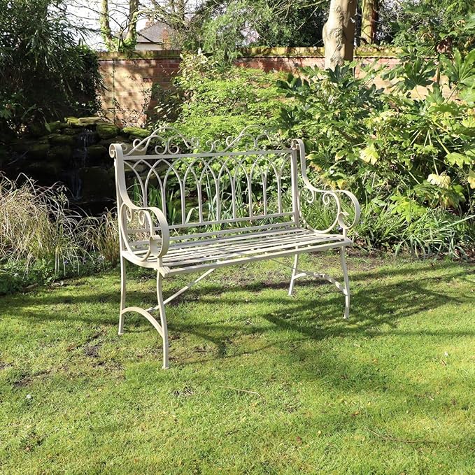 Vintage Metal Garden Bench Antique Cream Patio Seat