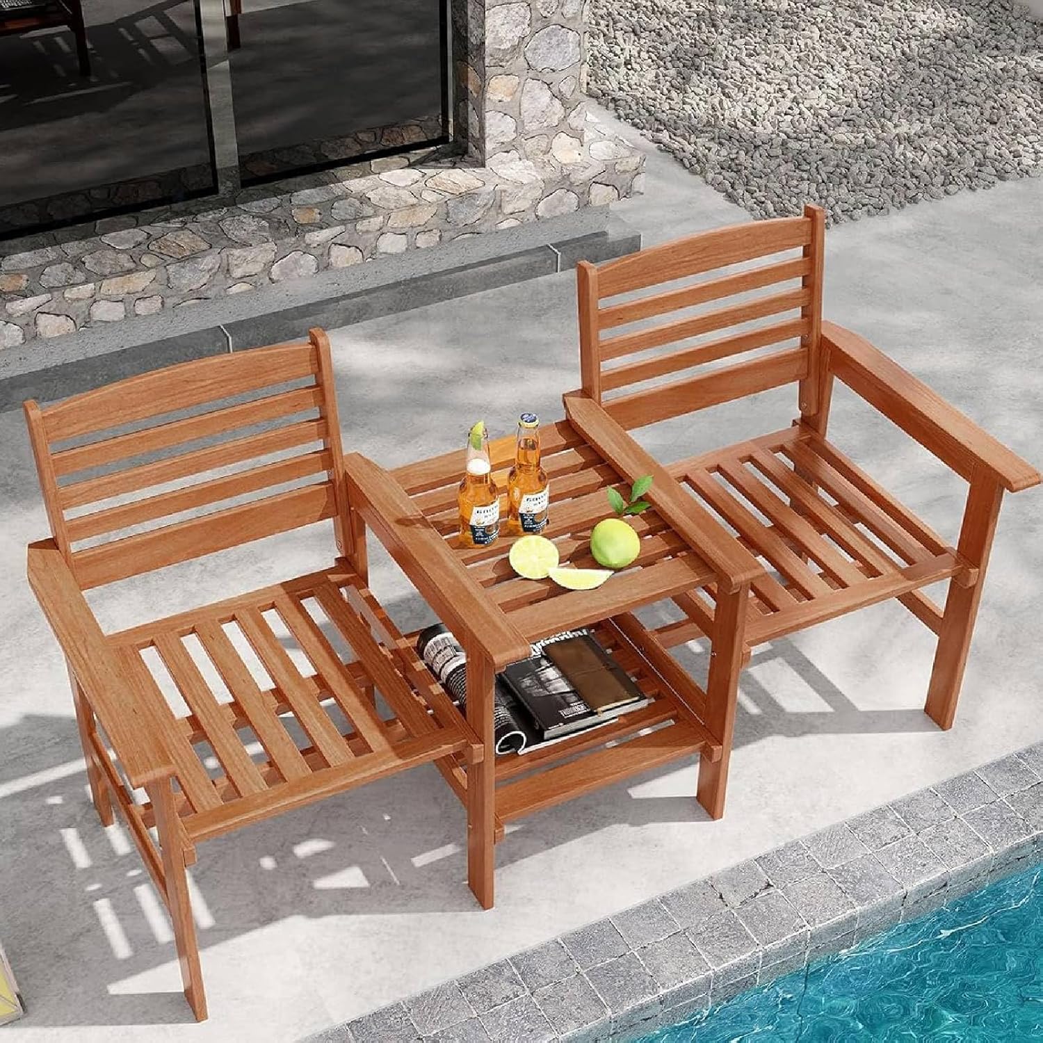 2 Seater Wooden Garden Loveseat Bench w/Table & Umbrella Hole