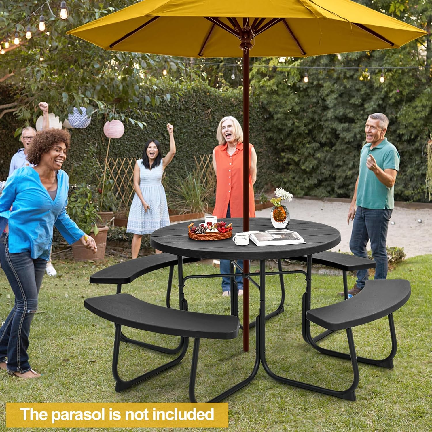 8 Seater Round Picnic Table Bench Set Outdoor Patio w/Parasol Hole Black
